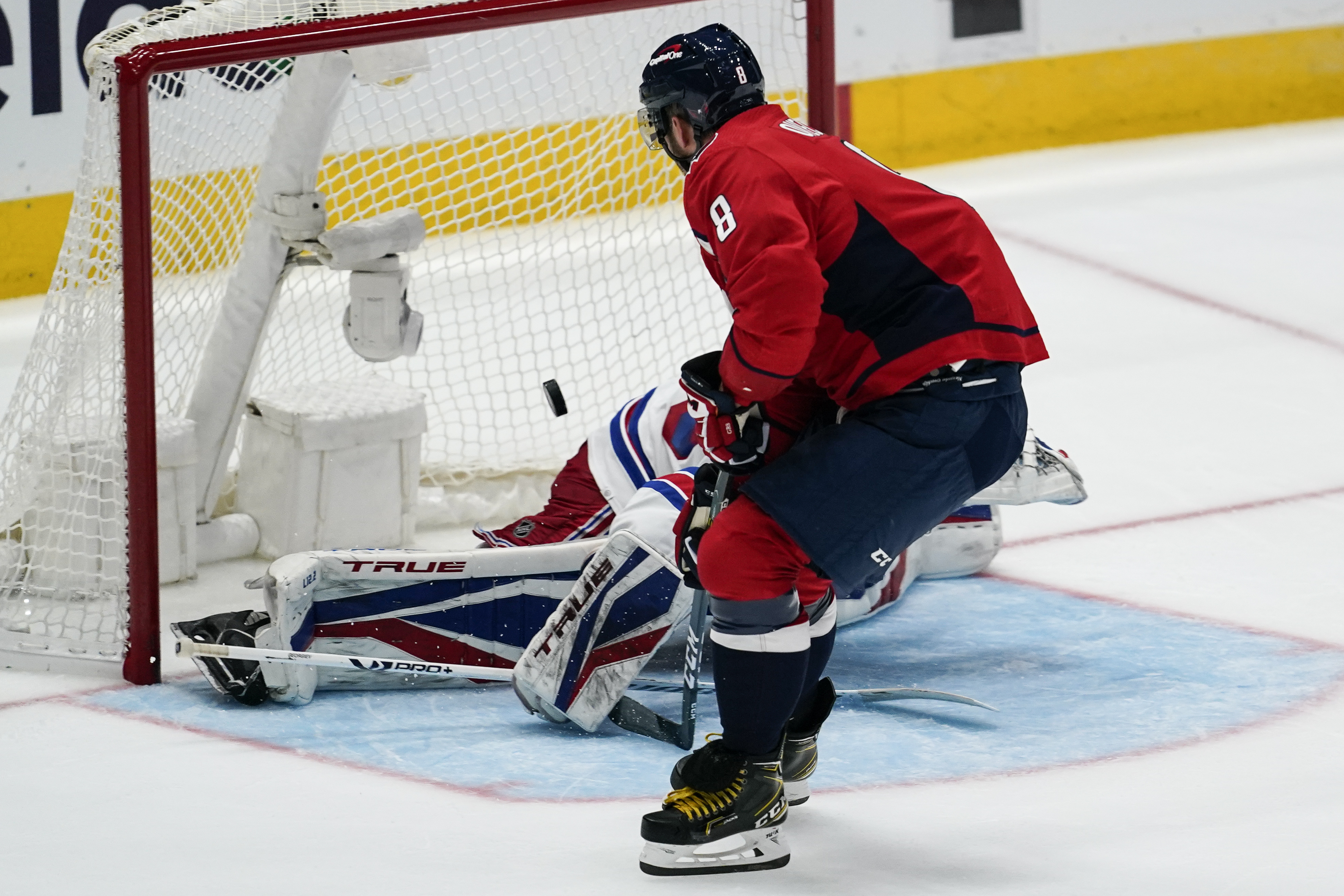 Alex Ovechkin beats New York goaltender Alexandar Georgiev in the third period of Wednesday's game. Ovechkin's goal gives him 732 and fifth place on the NHL goals list.