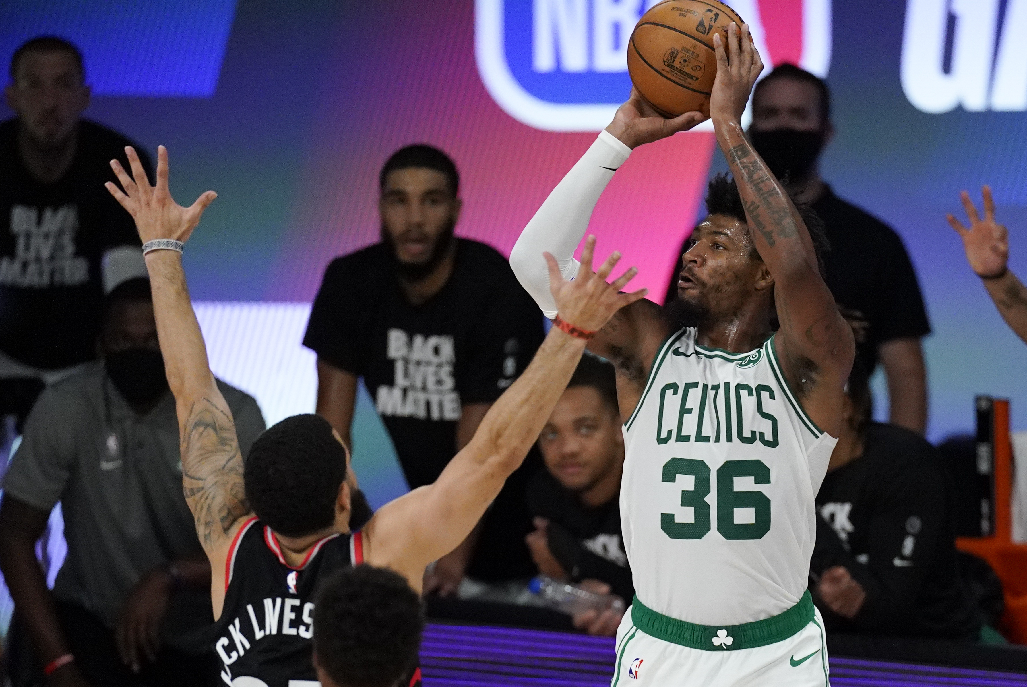 Marcus Smart shoots over Toronto's Fred VanVleet during the first half of a recent playoff game.