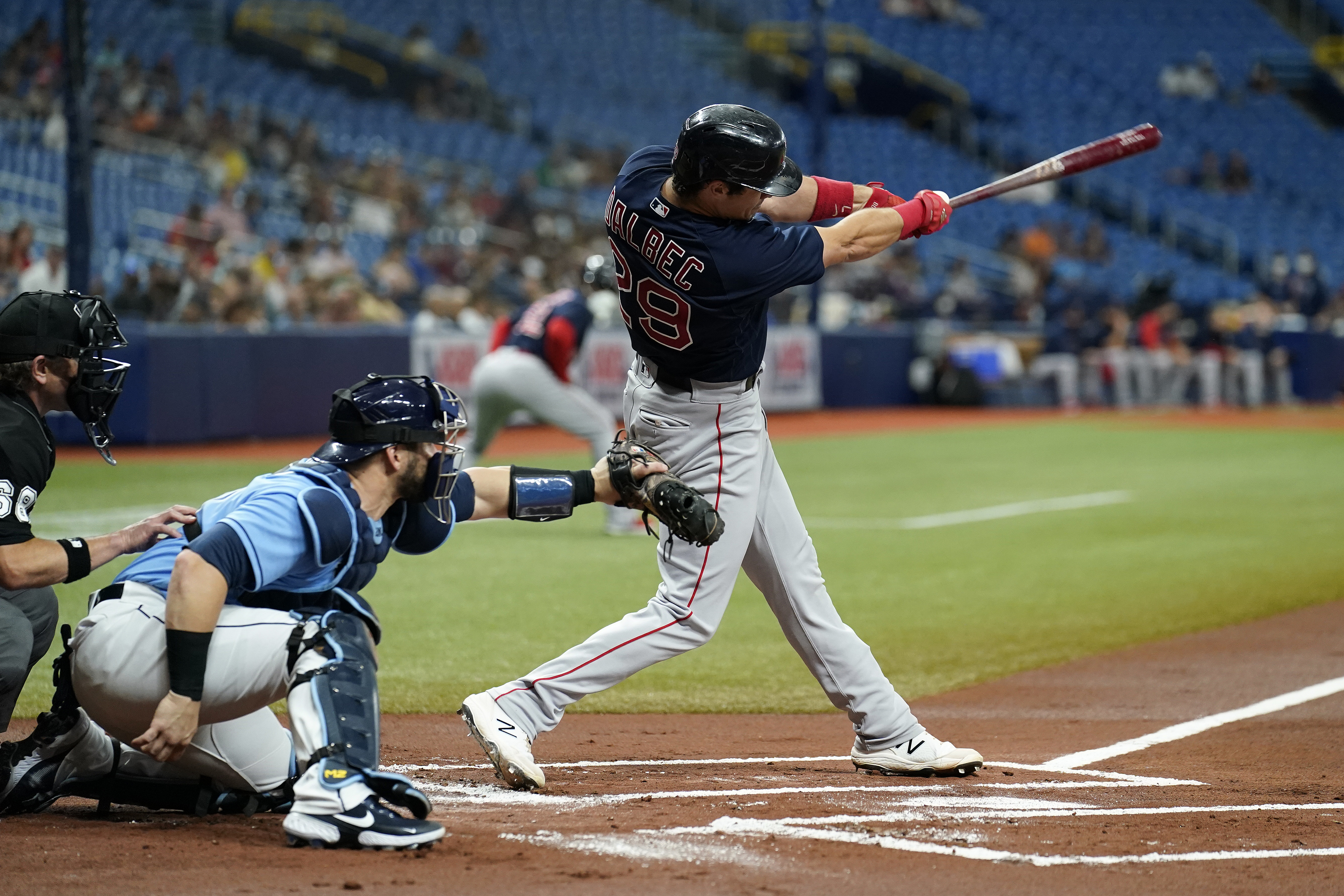 Boston Red Sox's Bobby Dalbec celebrates with Enrique Hernandez