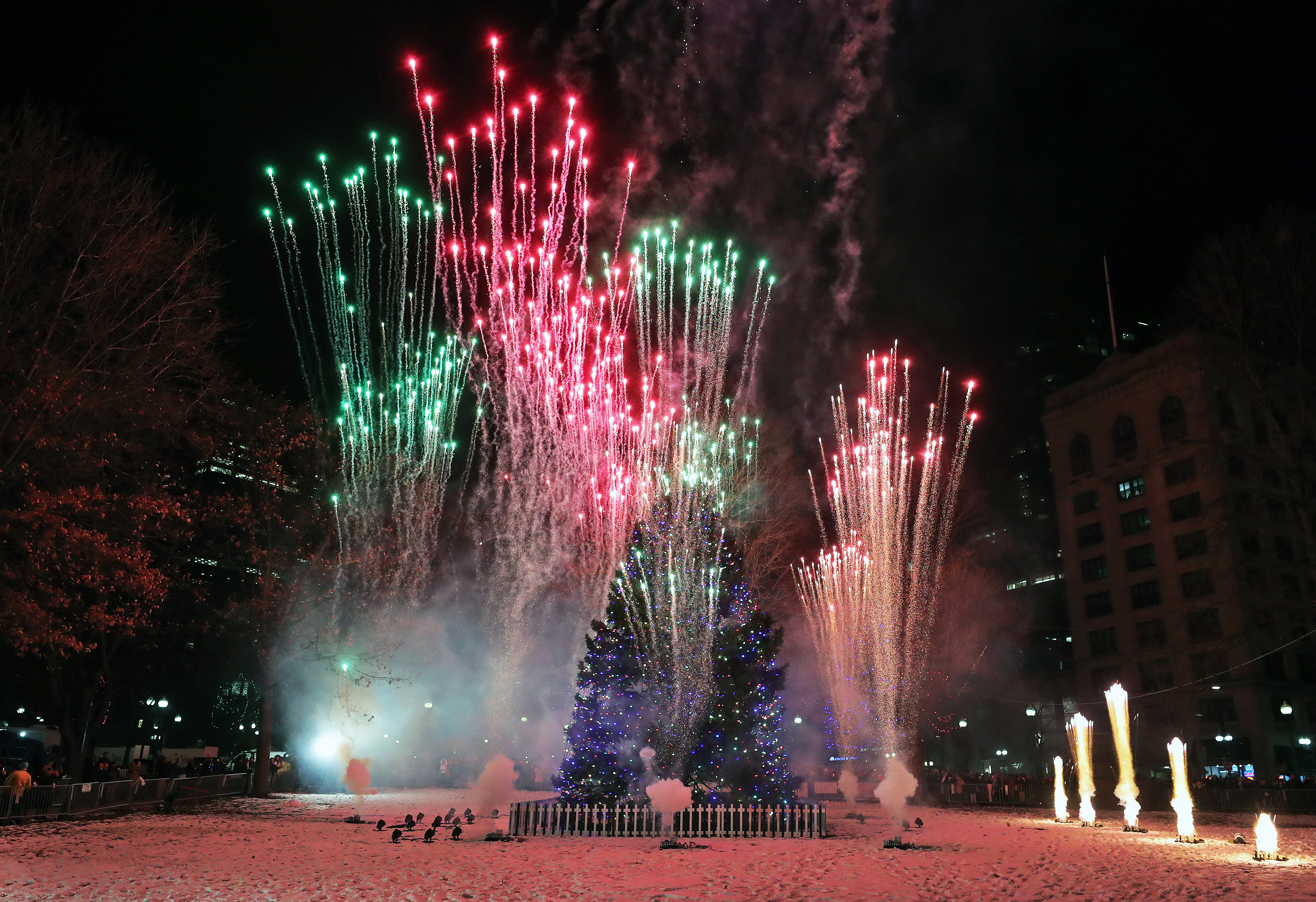 Fireworks exploded around the Christmas tree on the Boston Common at the conclusion of the 78th annual tree lighting there on Dec. 5.