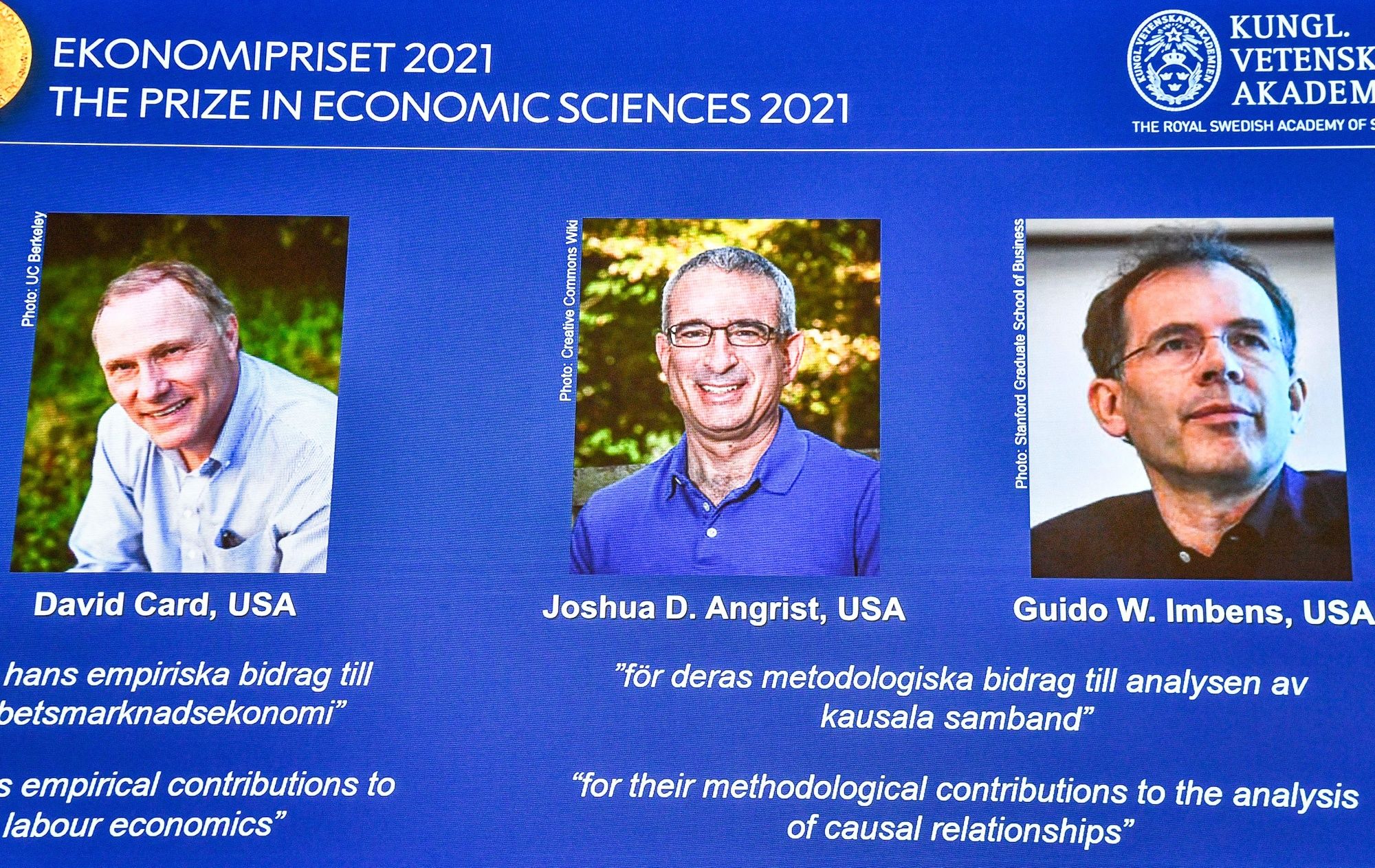 The winners of the 2021 Sveriges Riksbank Prize in Economic Sciences in Memory of Alfred Nobel (left to right) David Card from the University of California, Berkeley, Joshua D. Angrist from the Massachusetts Institute of Technology, and Guido W. Imbens from Stanford University.