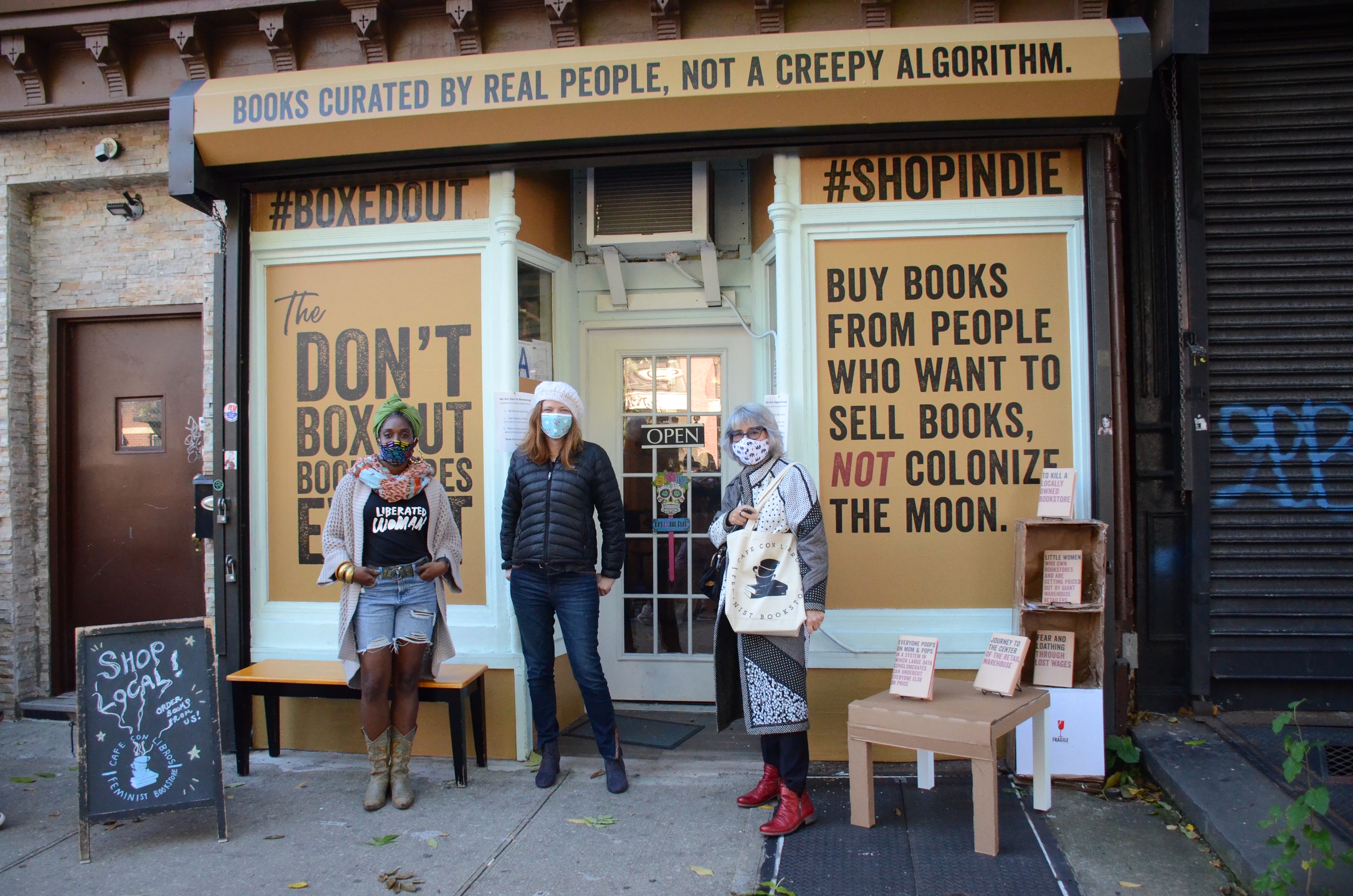 Cafe Con Libro in Brooklyn, N.Y., was one of the first bookstores to put #BoxedOut materials on its windows.
