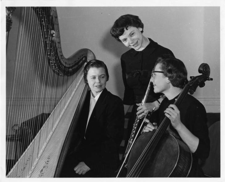 Winifred Mayes, right, with harpist Olivia Luetcke and flautist Doriot Anthony Dwyer in an undated photo when they performed with the Boston Symphony Orchestra.
