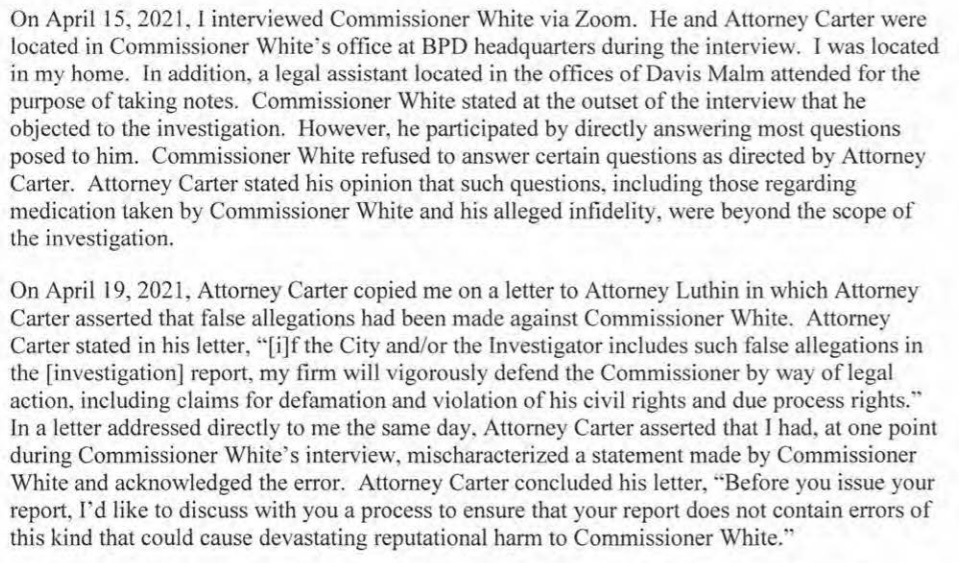 An independent investigator’s report on past allegations of domestic violence against Dennis White, who was named Boston Police Commissioner in February.