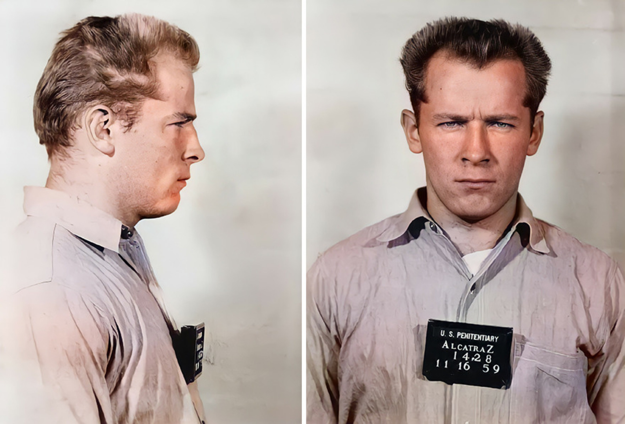 Jason Baker a colorisé ce mugshot de 1959 de James « Whitey » Bulger qui a été pris lorsque Bulger faisait du temps à Alcatraz. 
