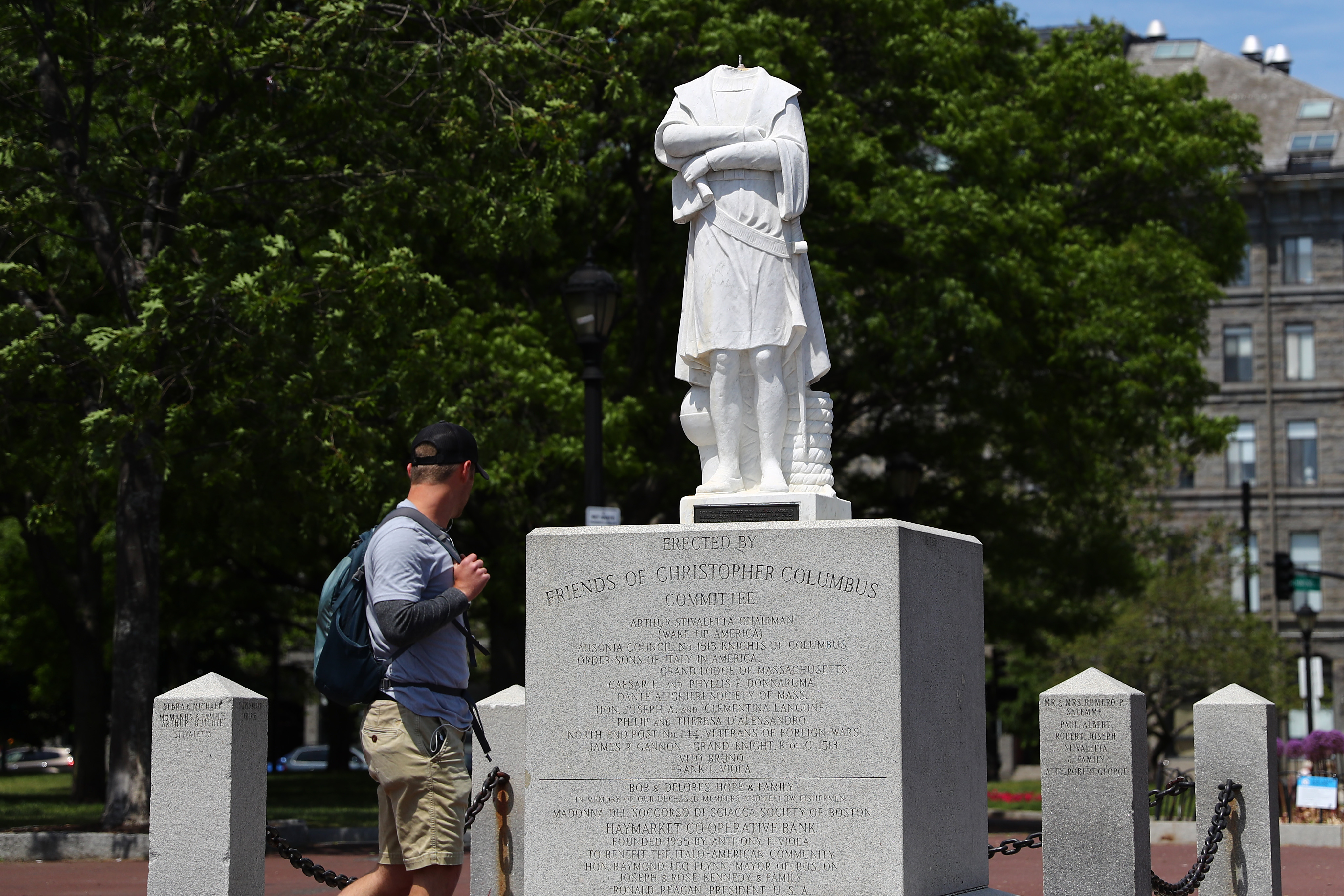 The vandalized statue of Christopher Columbus in the North End.