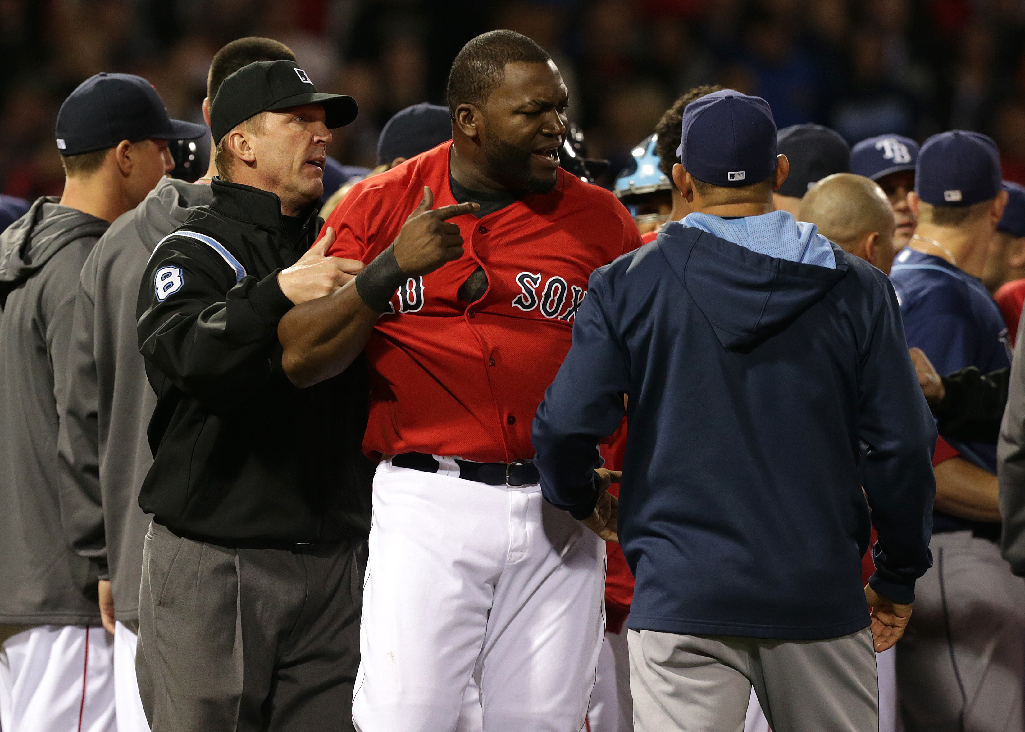 Ortiz was about to get into it with the Rays before umpire Jeff Kellogg restrained him during a May 30 game at Fenway.