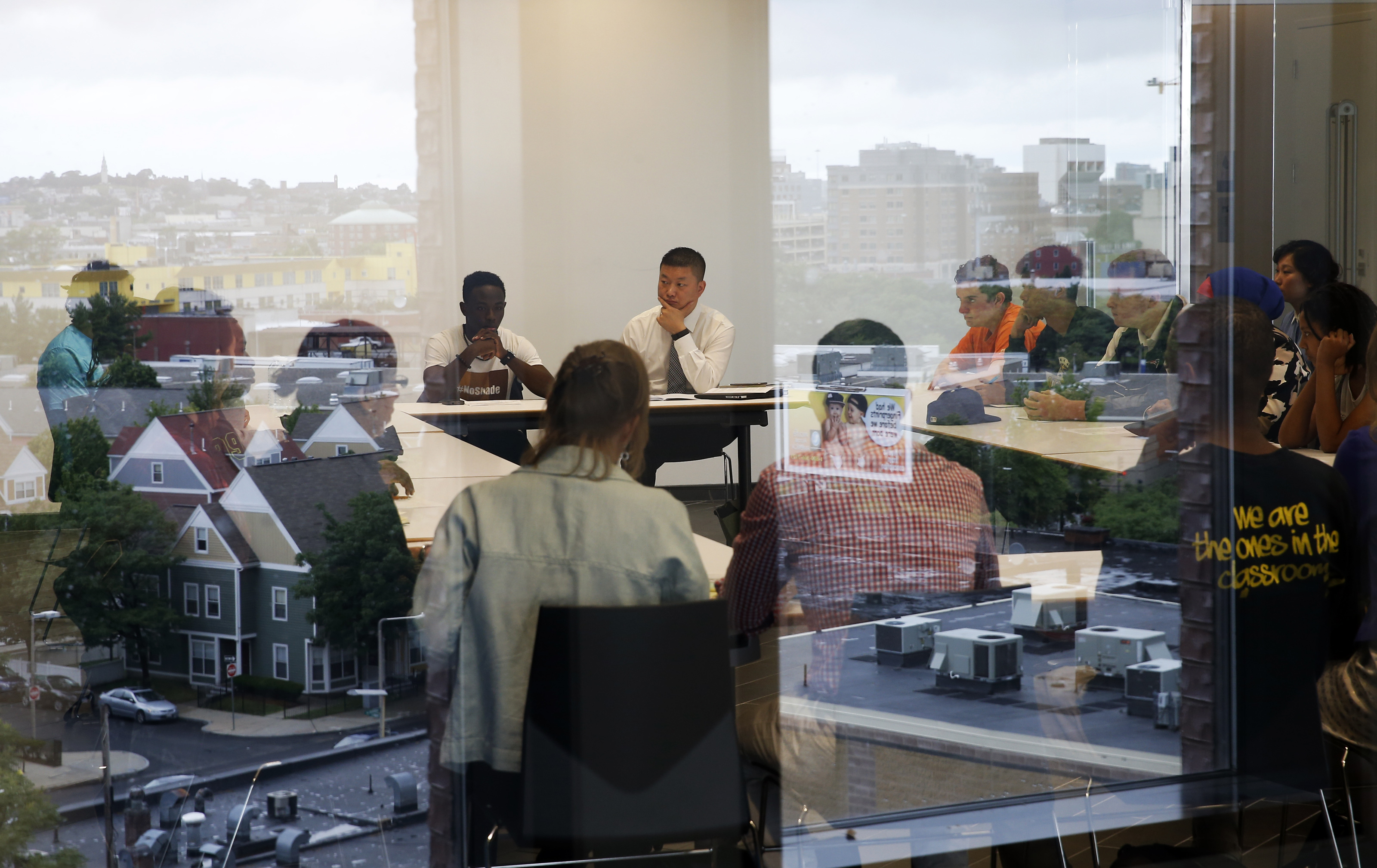 The Boston Student Advisory Council, seen here meeting with Superintendent Tommy Chang on his first day of the job in 2015, grew to be an influential force in educational politics in Boston under Sazama's leadership.