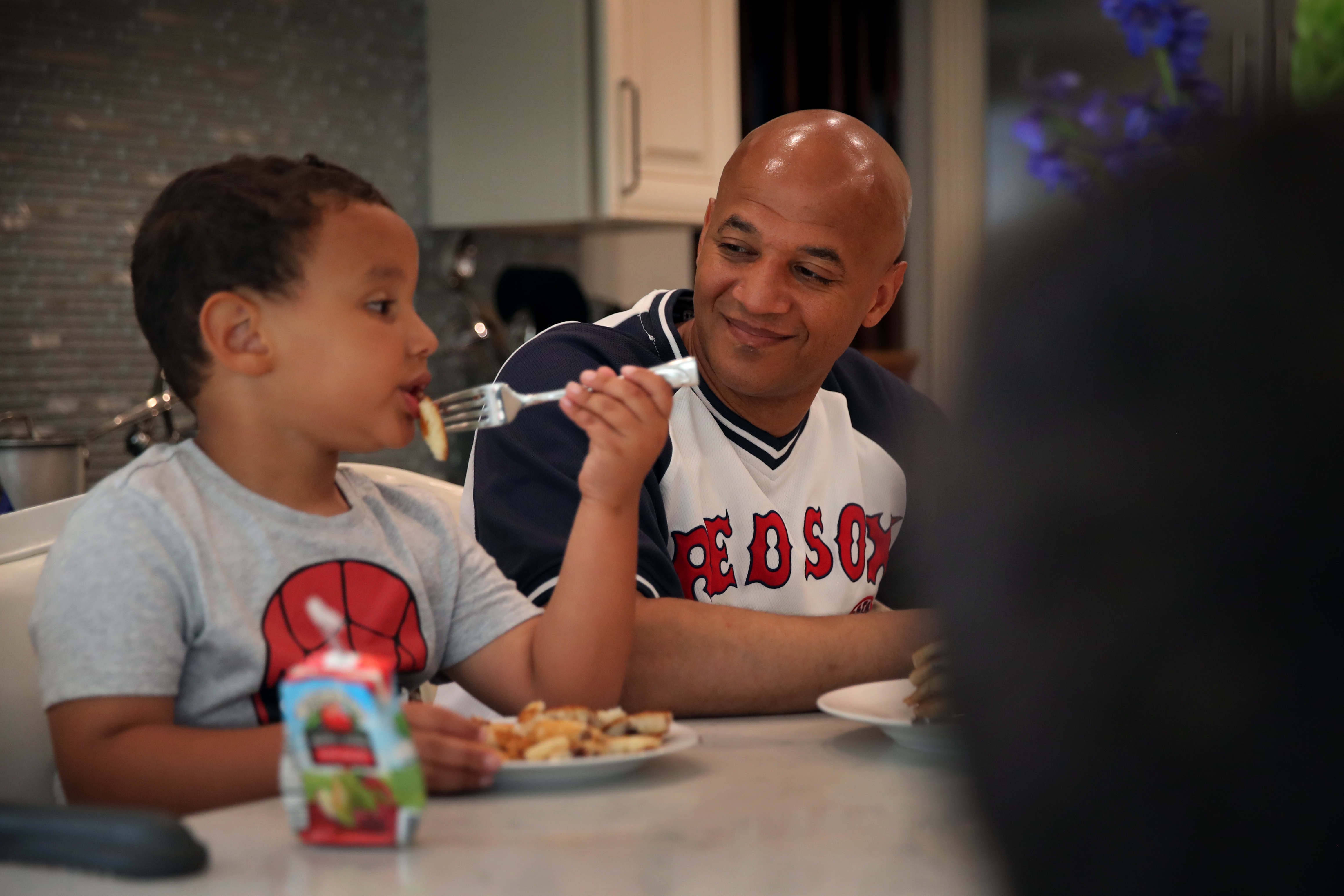John Barros talked with his son Casey, 4, over pancakes at their home.