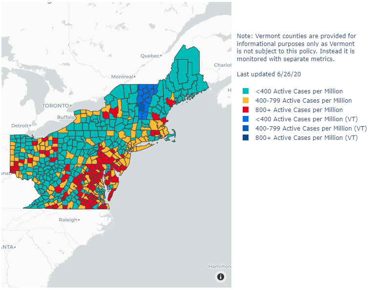 This map is populated with raw data from Johns Hopkins University and uses multiple factors to determine how many active cases are in each county, according to the state of Vermont.