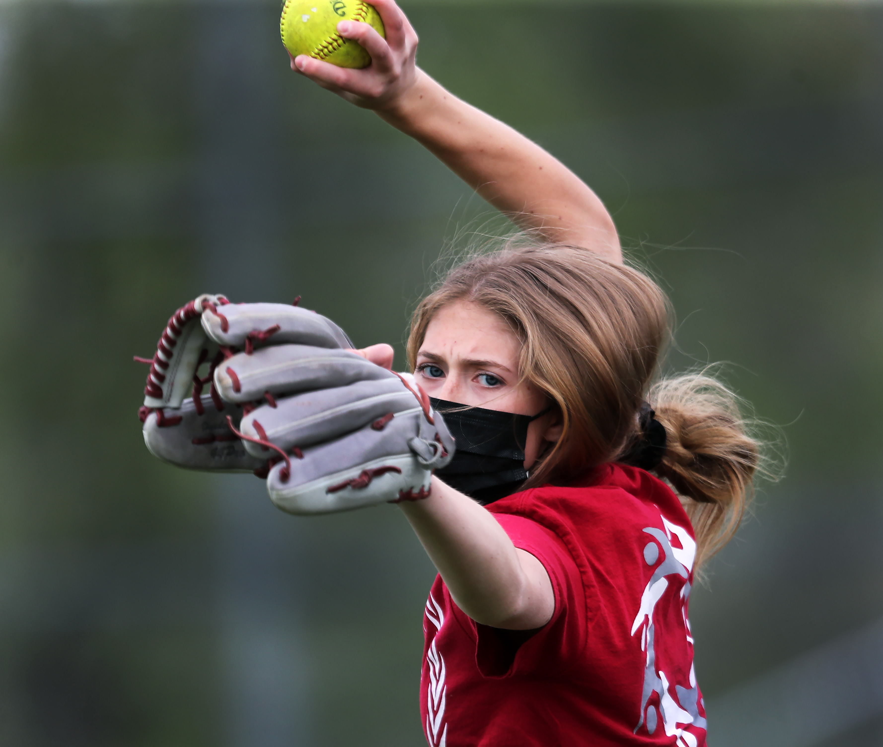 Lowell, MA 05-03-21: Lowell High School softball pitcher Giana LaCedra is pictured at a team practice session. (Jim Davis/Globe Staff).