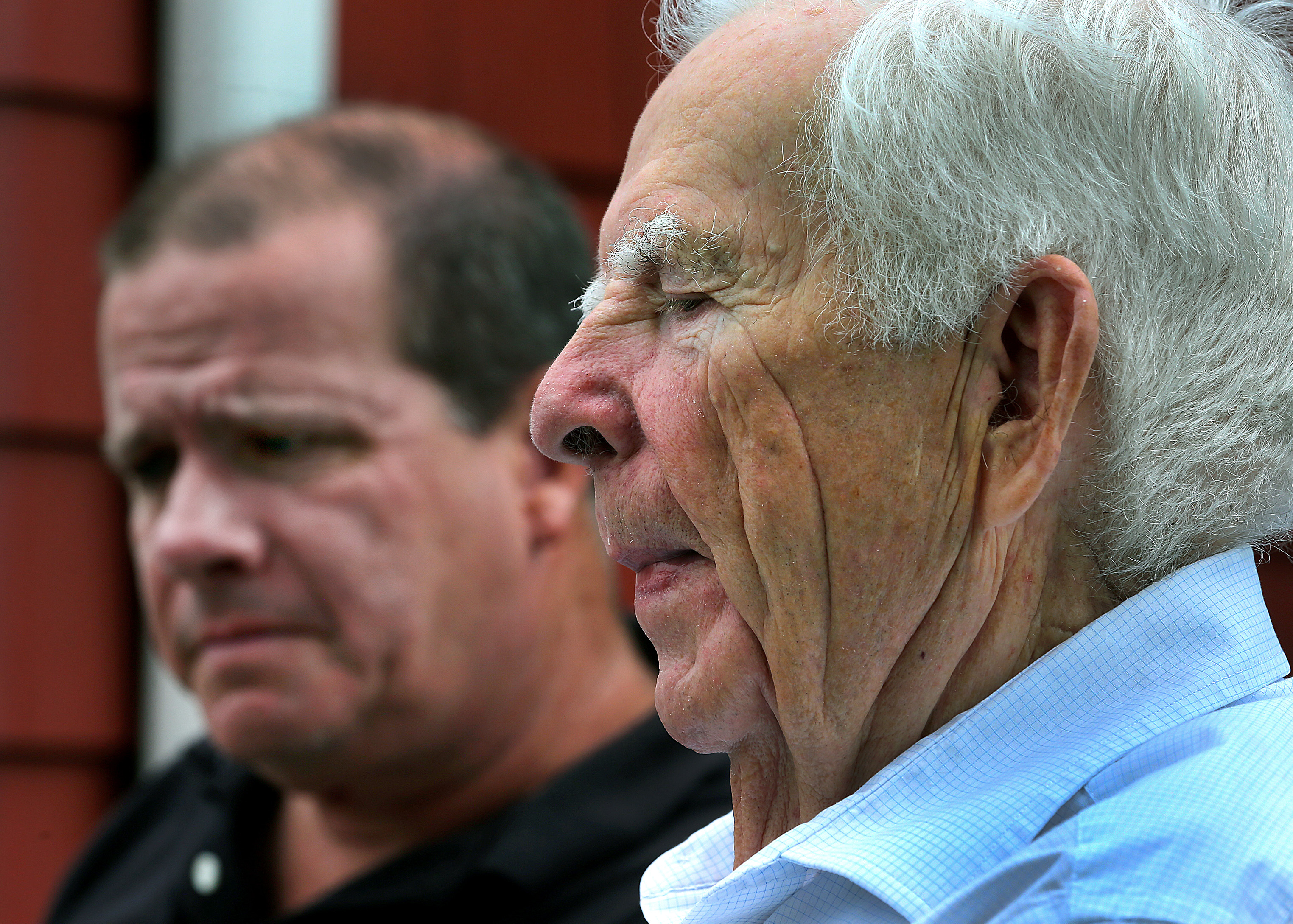 Charlie Galligan (left), with his father, Jack, in July 2020. "Nurses and CNAs on the inside . . . have been the true heroes through this pandemic," Charlie Galligan testified during a recent House Health and Human Services Committee hearing. His mother, Audrey Galligan, lives at Saint Elizabeth Manor in Bristol.