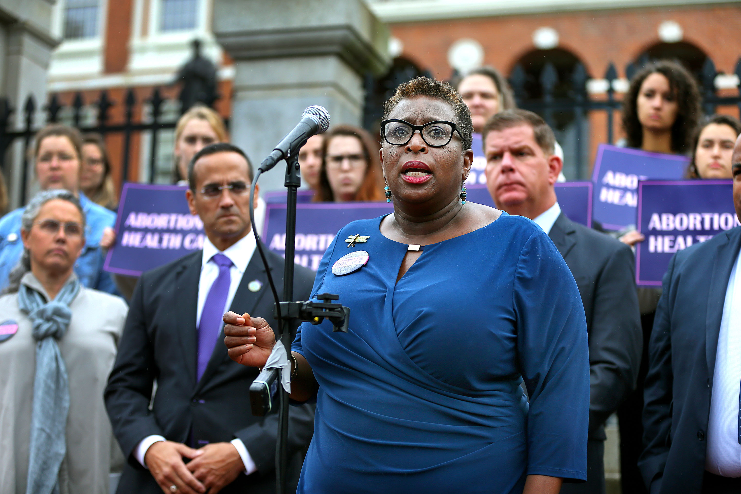 Framingham Mayor Yvonne Spicer joined other mayors from across Massachusetts in October in front of the State House to announce support of the ROE Act, which protects and expands access to abortion.