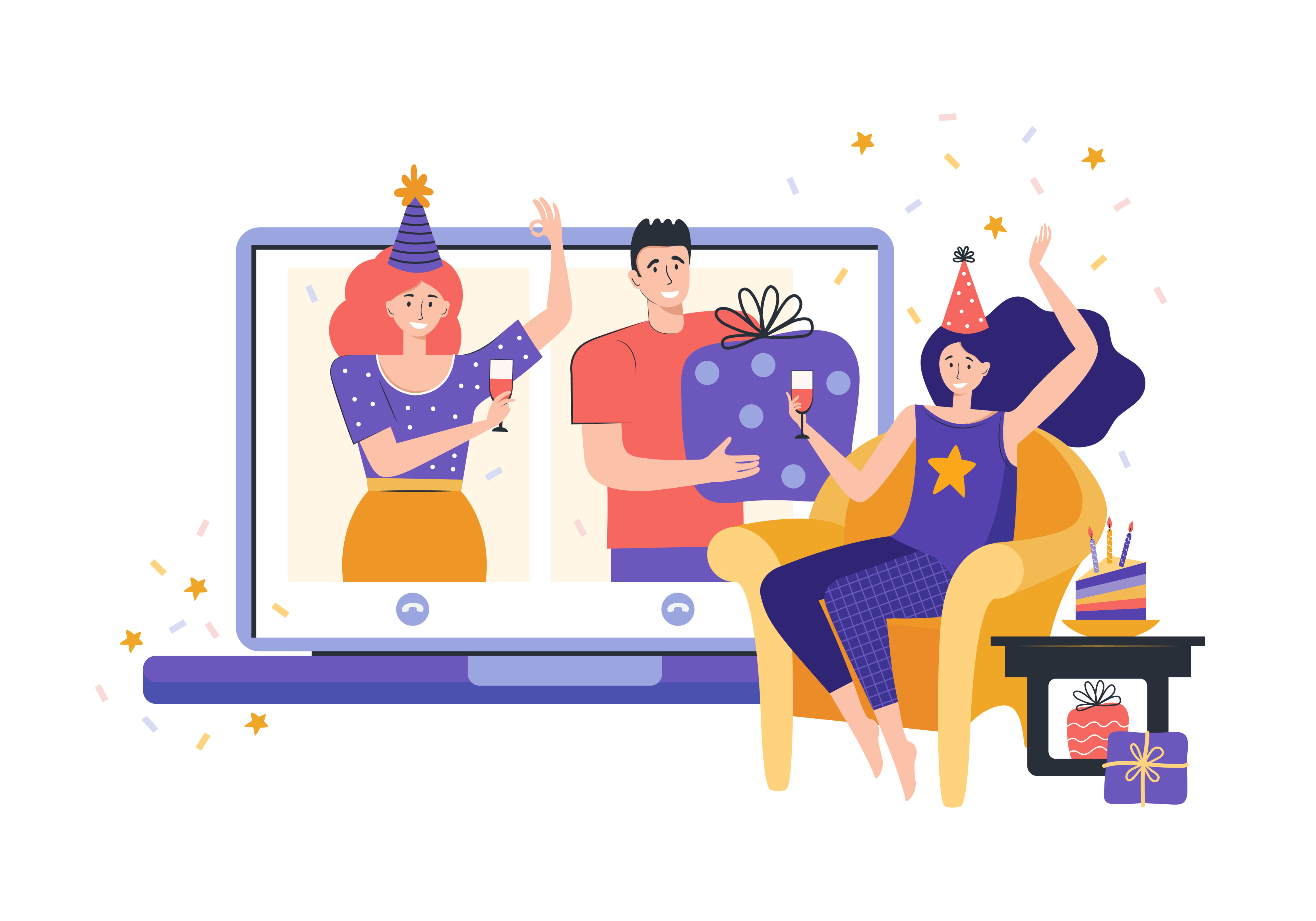 An illustration of a birthday celebration via video conference.