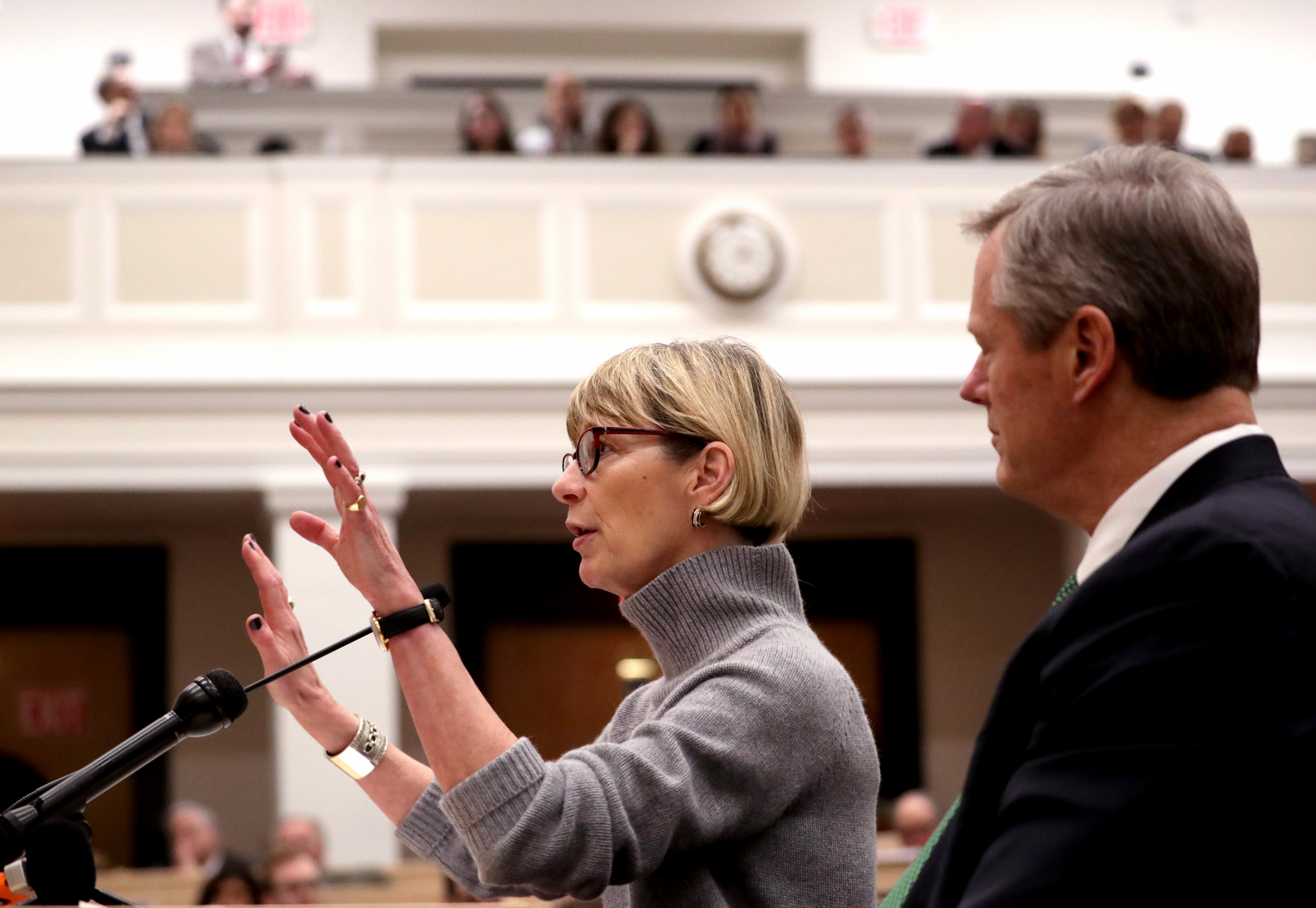 Secretary Sudders and Governor Baker testified at the Joint Committee on Mental Health and Substance Abuse Hearing at the State House in 2018.