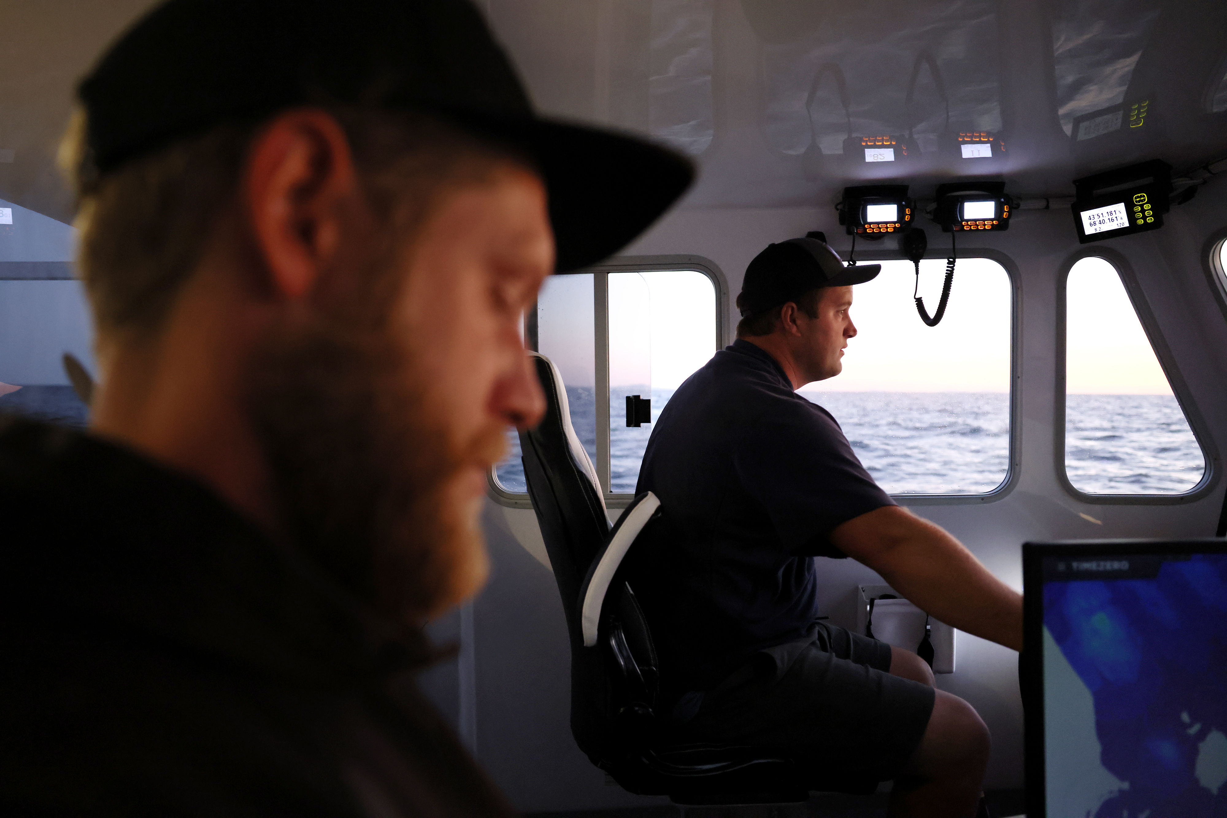 Johnny McCarthy(right) steamed out of Vinalhaven aboard True North with sternman Wilson Boone on Sept. 7. McCarthy purchased a bigger boat so he could set traps farther from shore, but his plan has been complicated by a ruling from NOAA closing a large swath of the offshore waters he had planned to fish.