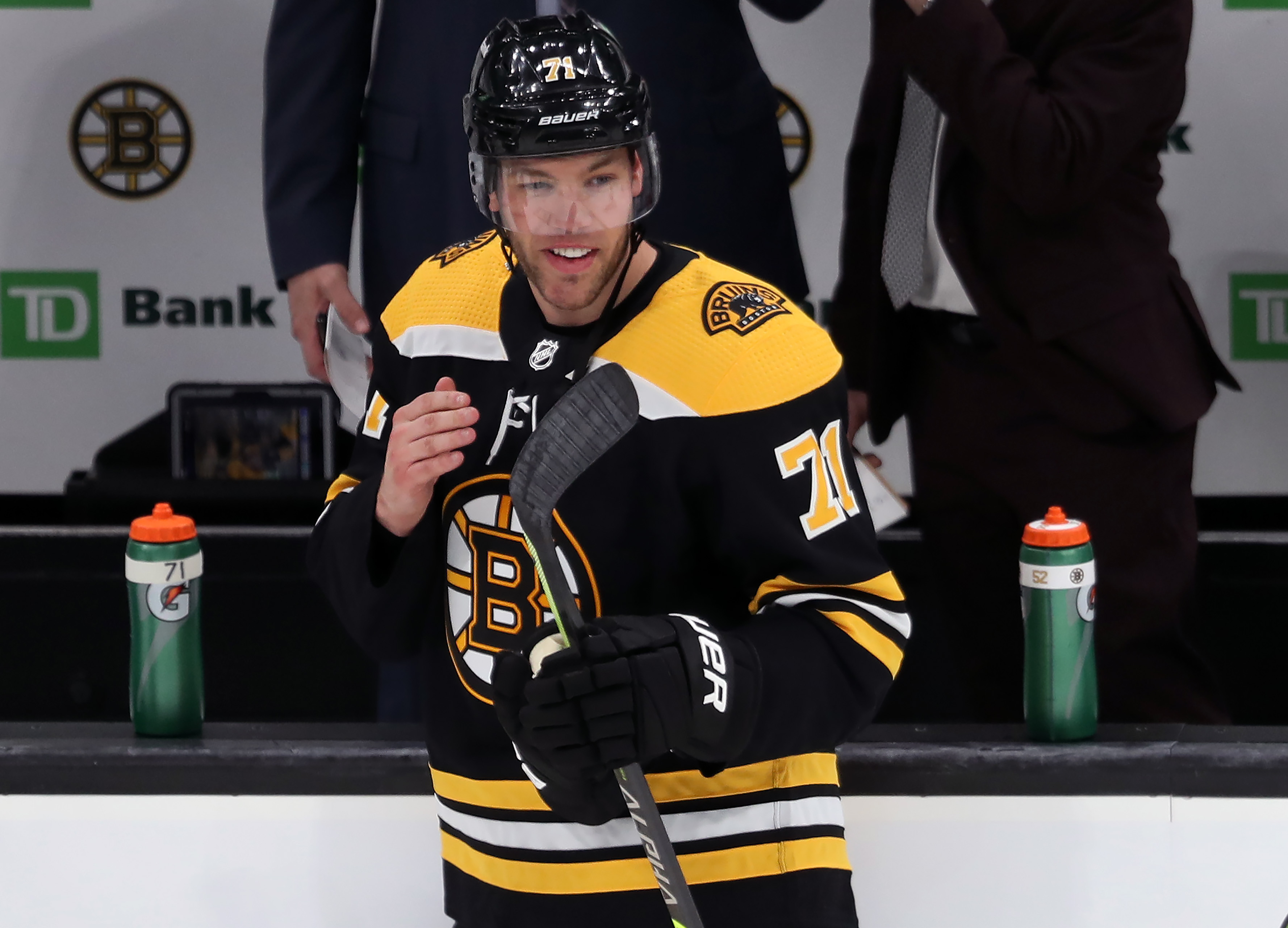 Taylor Hall flashes a smile during pregame warmups Tuesday night.