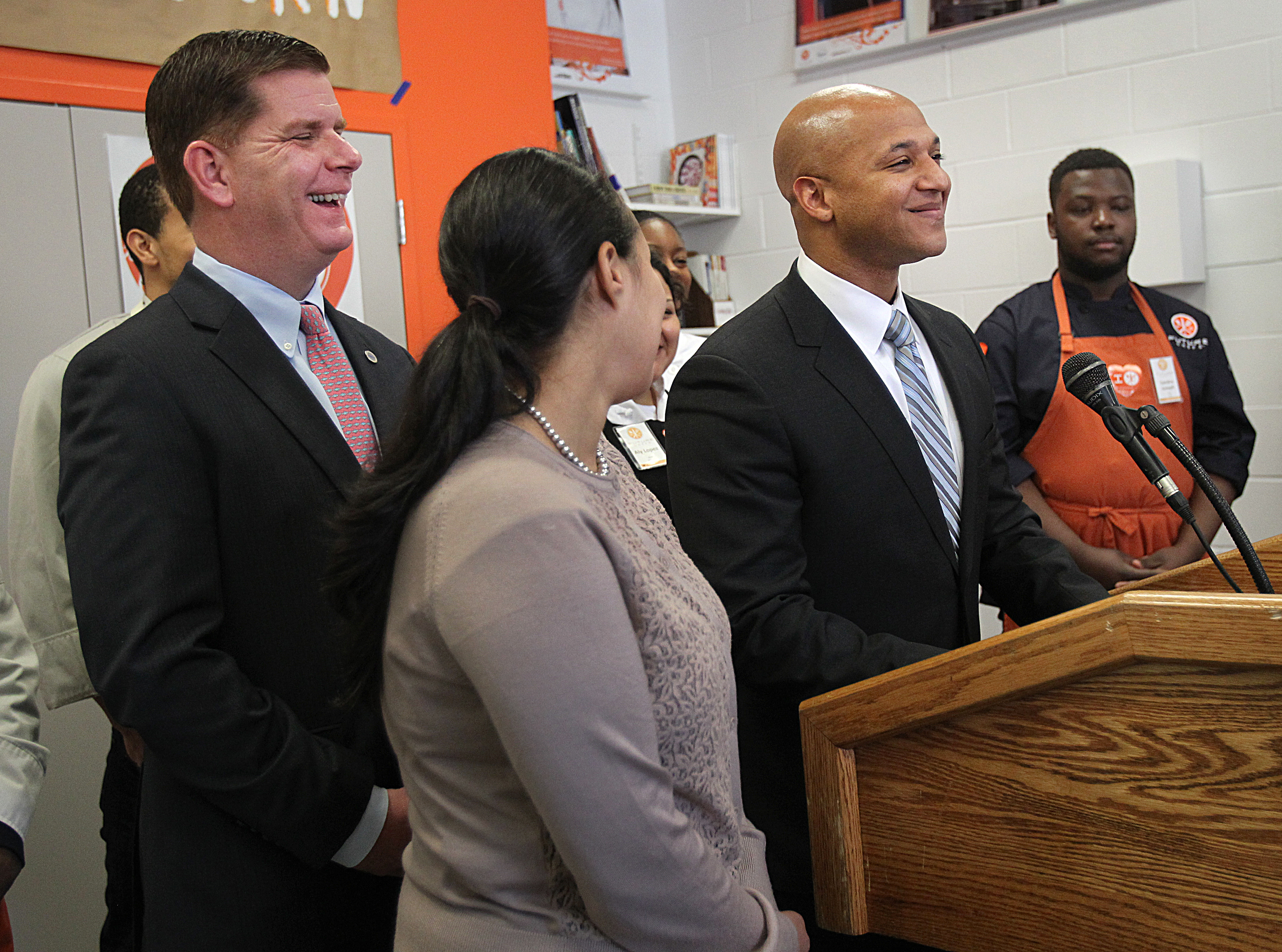 Mayor Martin Walsh appointed John Barros as economic development officer at a ceremony at Future Chefs in 2014.