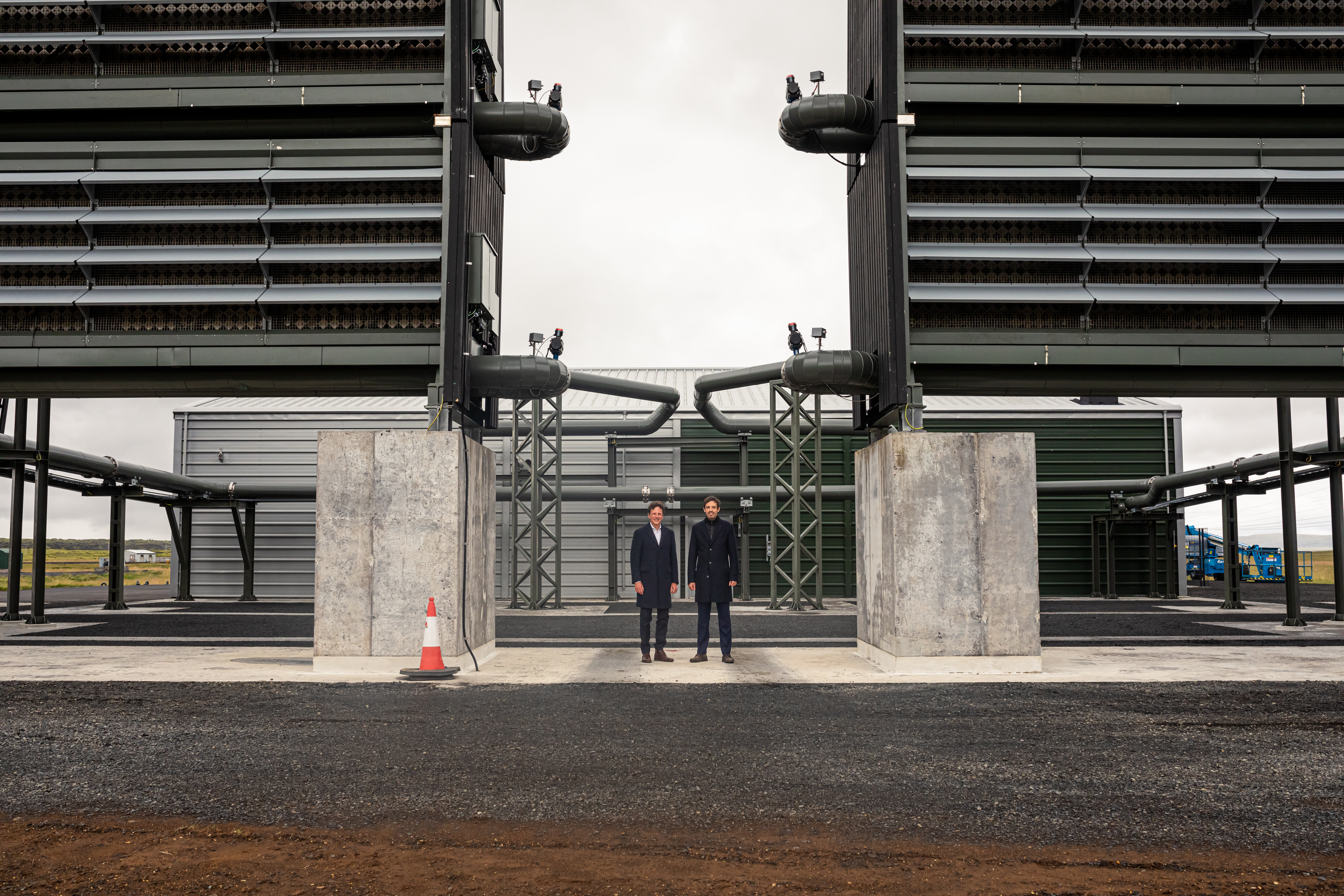 Climeworks co-founders Christoph Gebald, left, and Jan Wurzbacher in front of the Orca Plant.