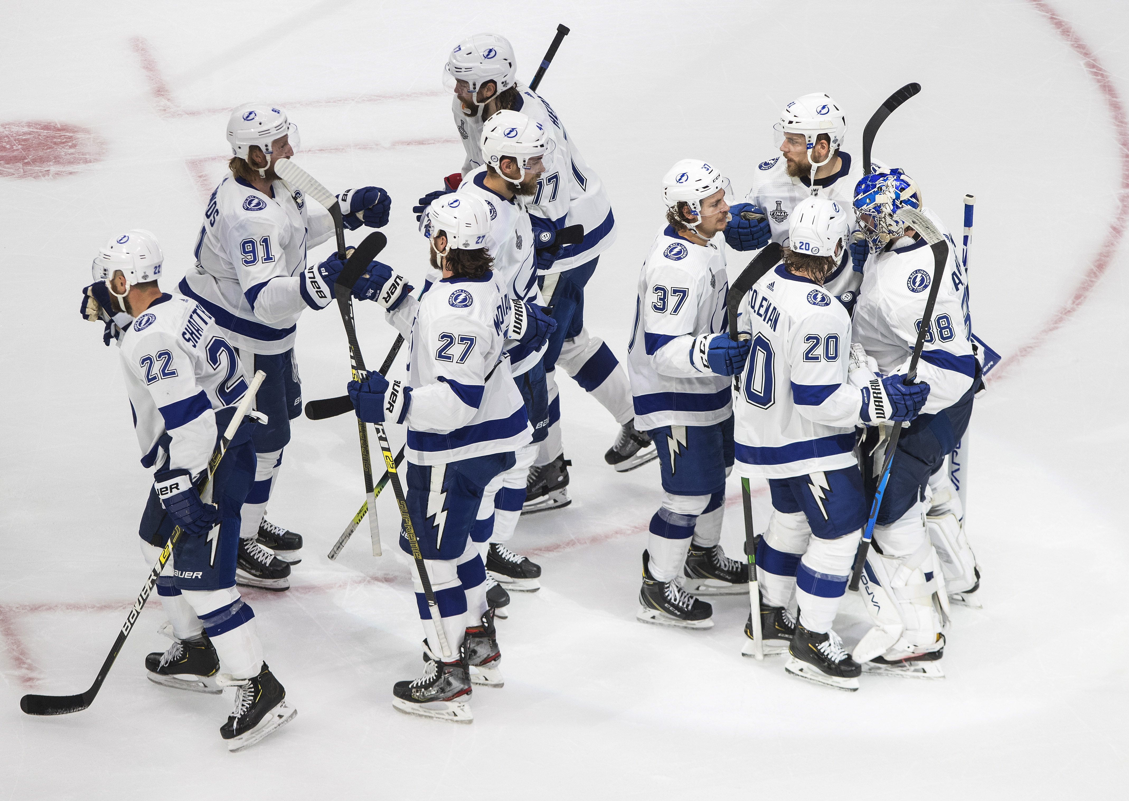 Tampa Bay players celebrate a win over Dallas in Game 3 Wednesday night.