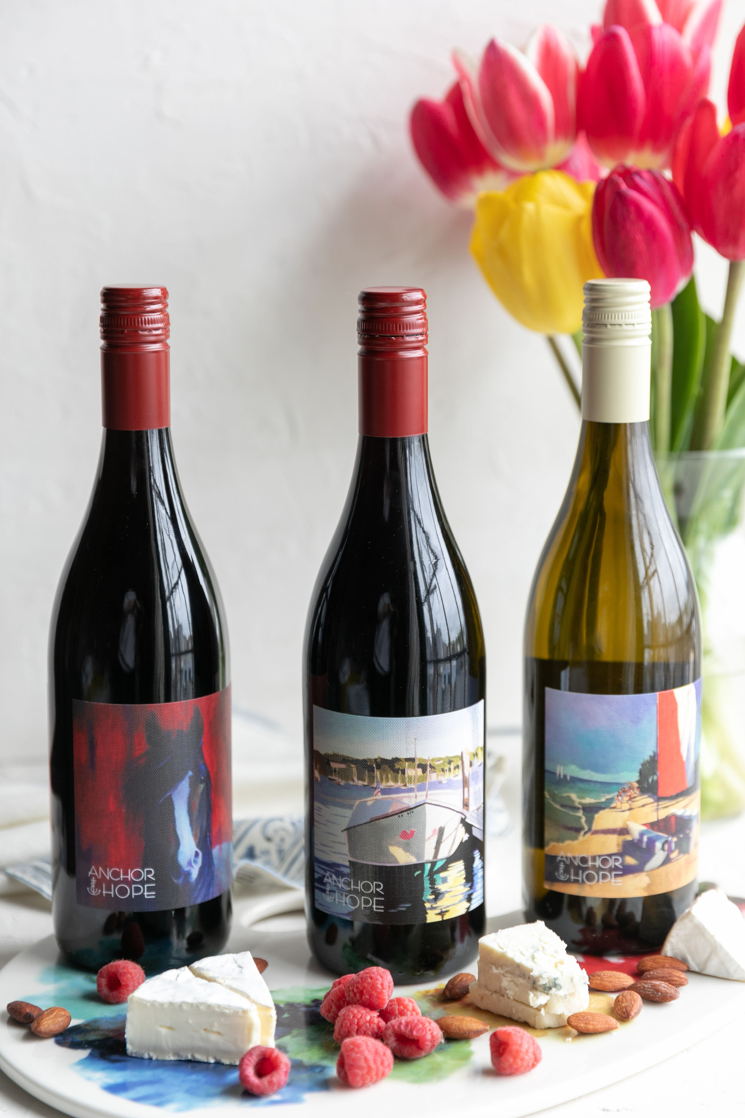 Bottles of wine by Anchor & Hope. These labels are made by the co-owner's mother, who is a painter in Massachusetts.