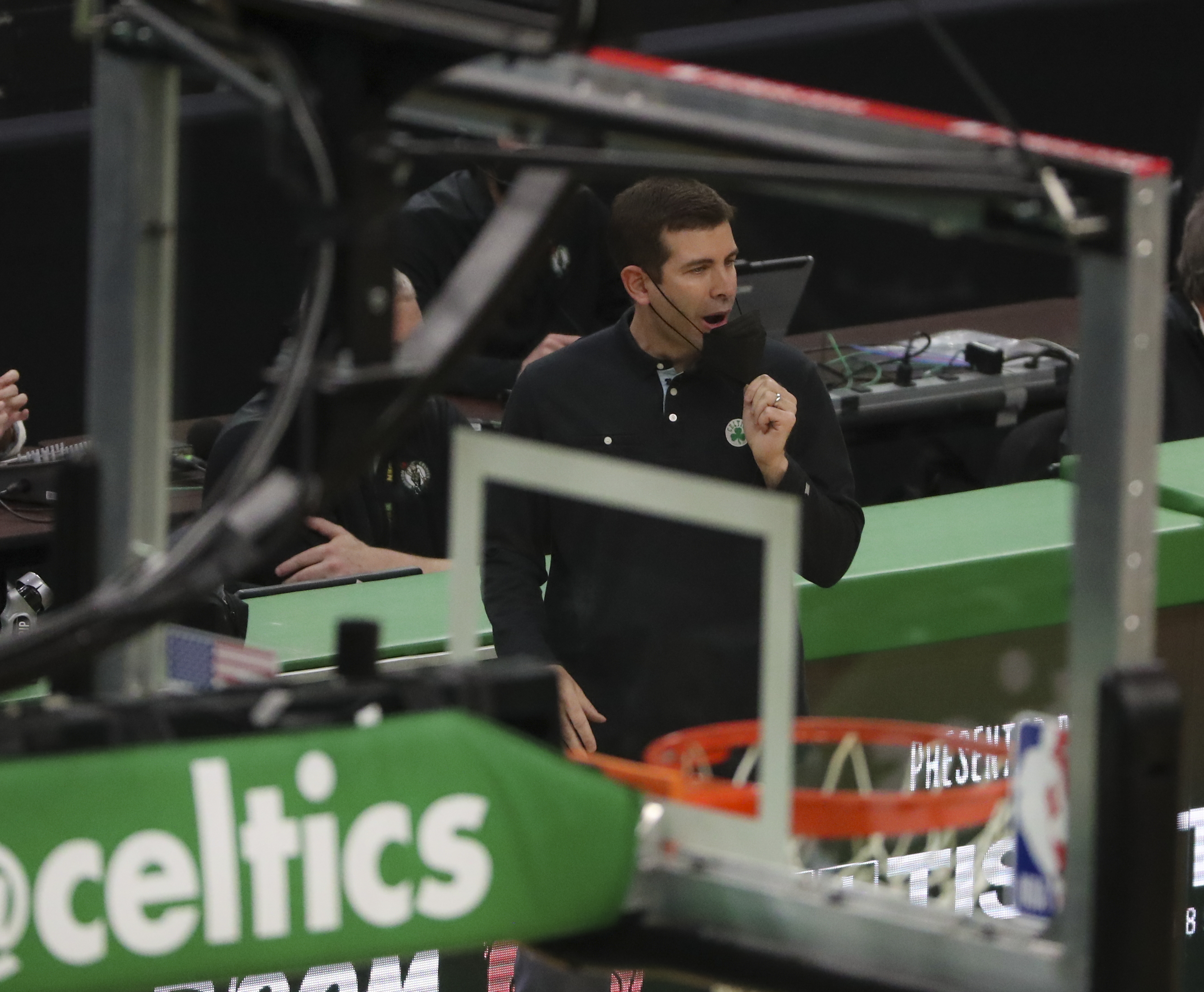 Brad Stevens directs his players during second-quarter action Tuesday night at TD Garden.