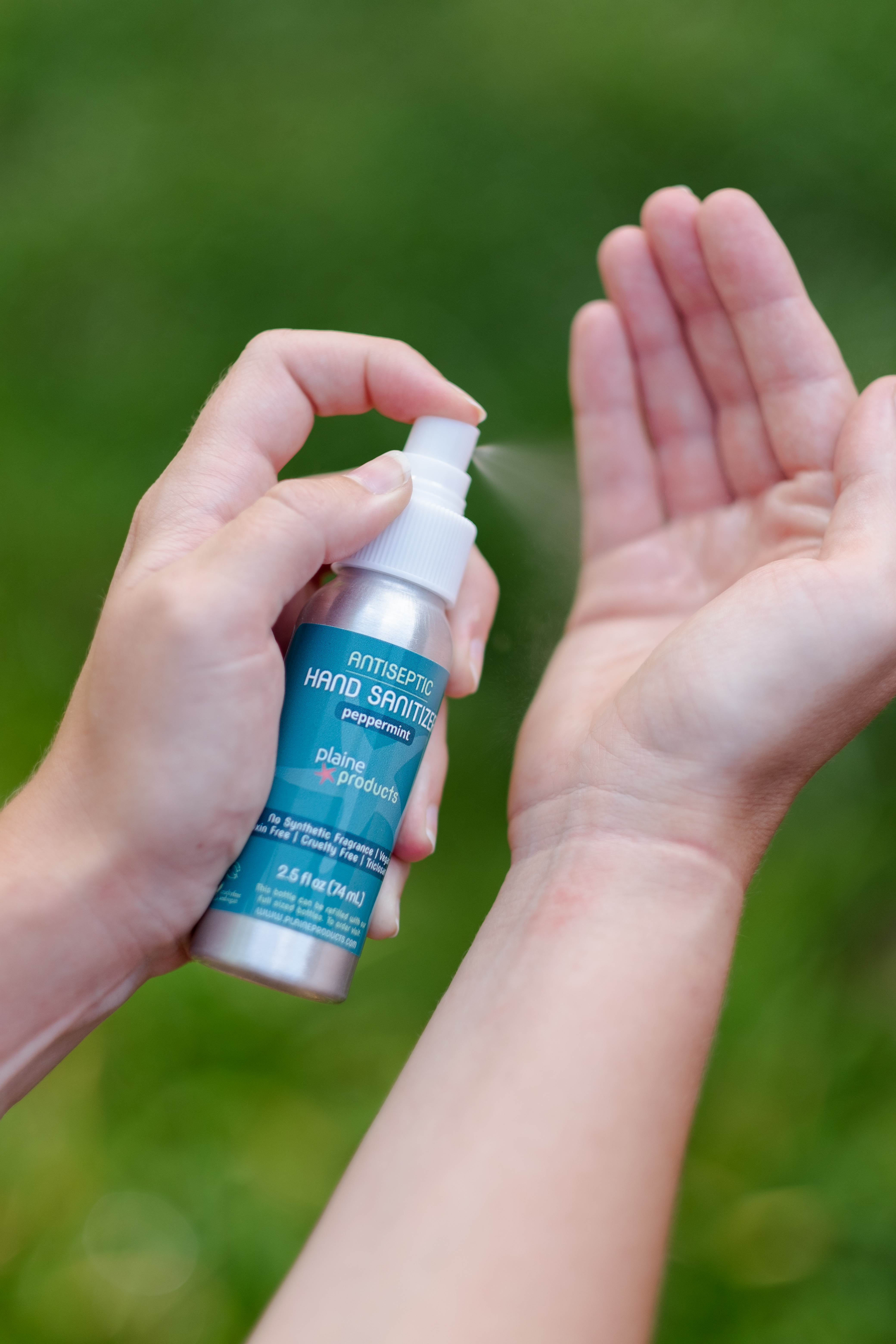 Plaine Products' refillable peppermint hand sanitizer.
