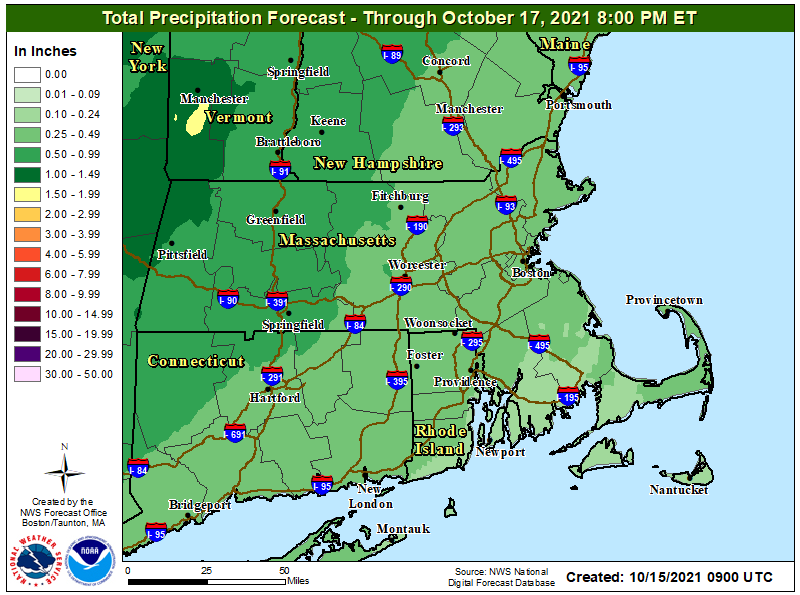 Many areas in greater Boston will see a quarter of an inch of rain Saturday night.