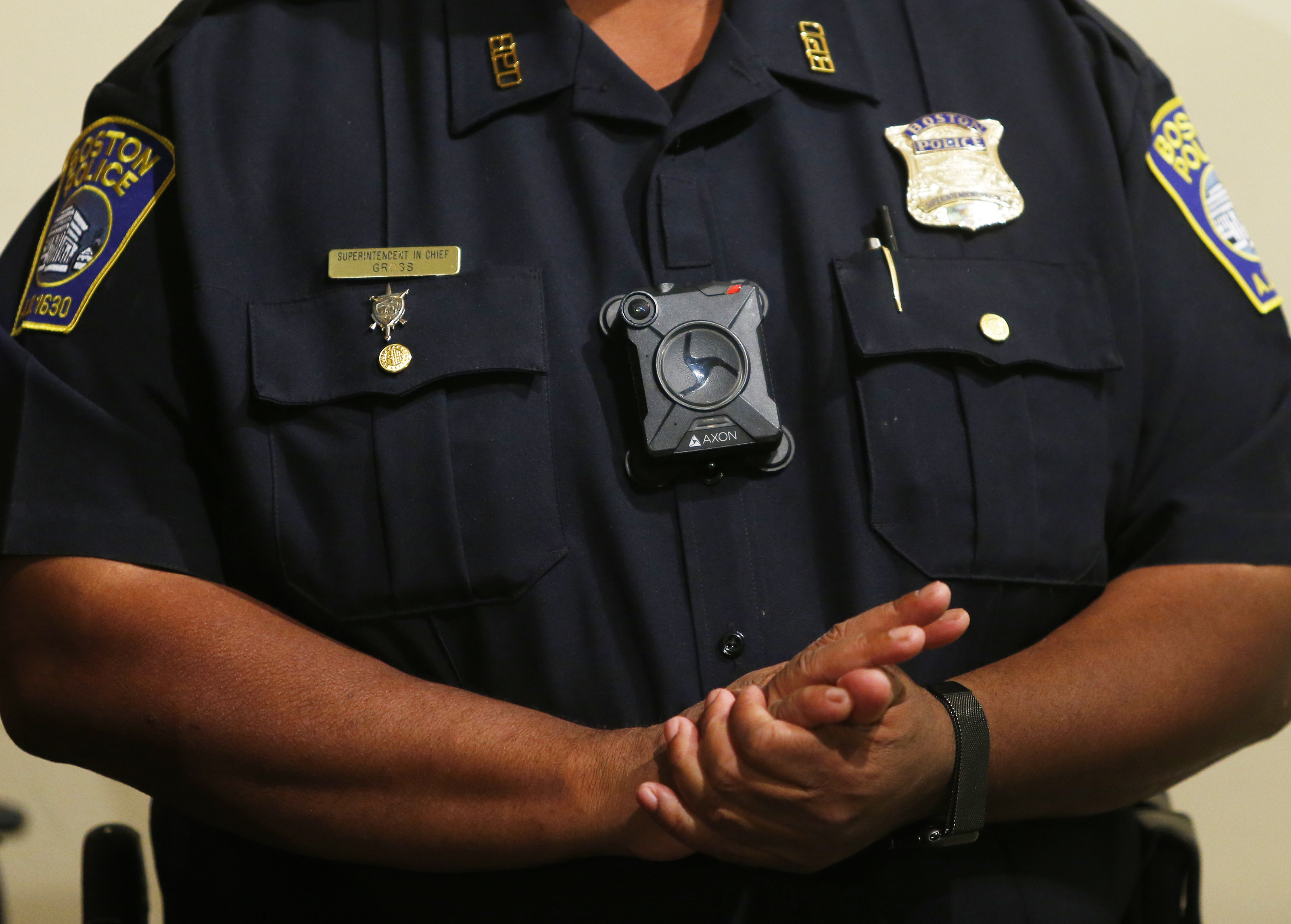 Then-Boston Police Superintendent in Chief William Gross showed off a body camera during a press conference at Police Headquarters in September 2016.