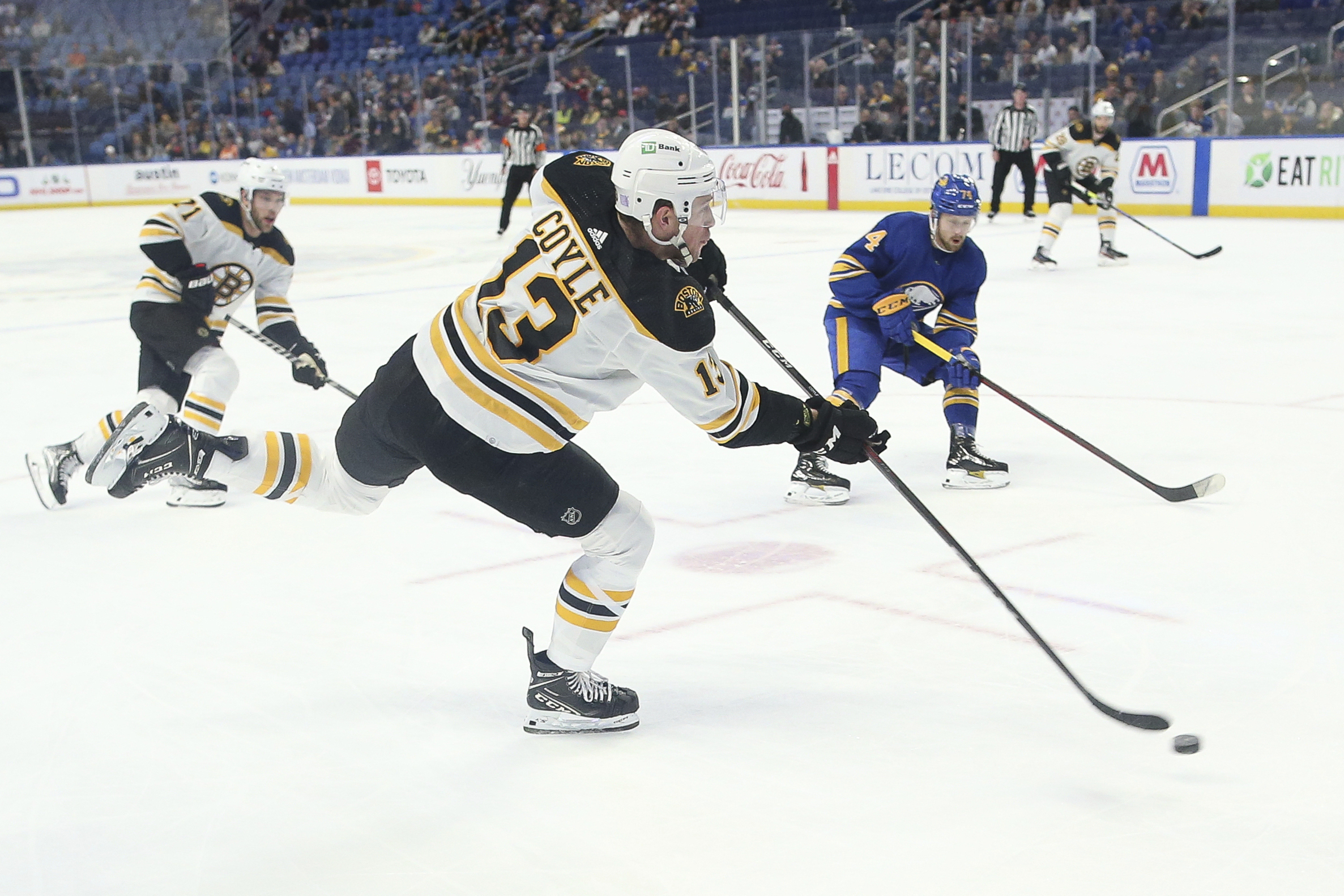 Charlie Coyle delivers a first-period goal for the Bruins Wednesday night in Buffalo.