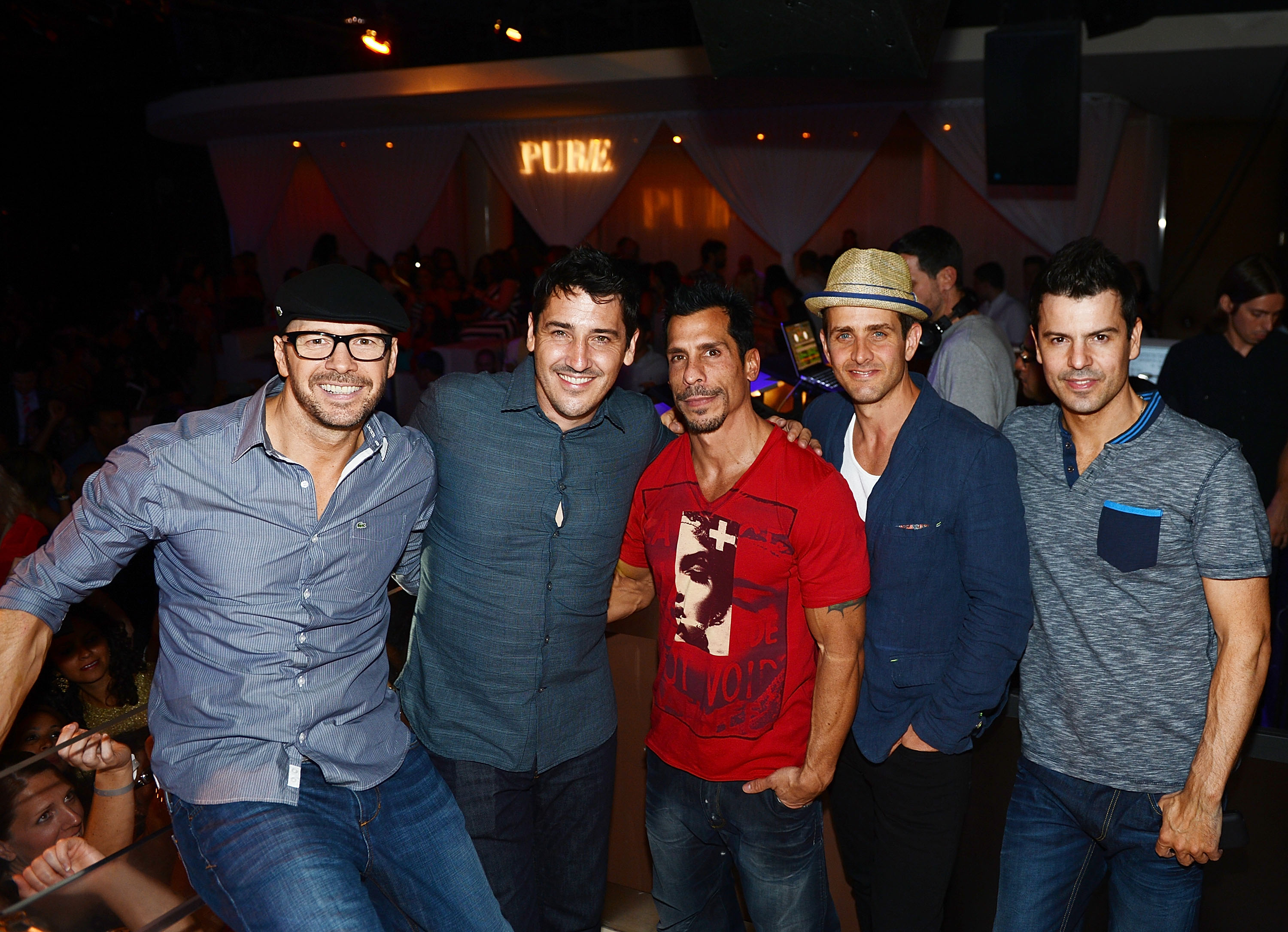 Donnie Wahlberg, Jonathan Knight, Danny Wood, Joey McIntyre and Jordan Knight of New Kids On The Block host at Pure Nightclub at Caesars Palace on July 6, 2013 in Las Vegas, Nevada.