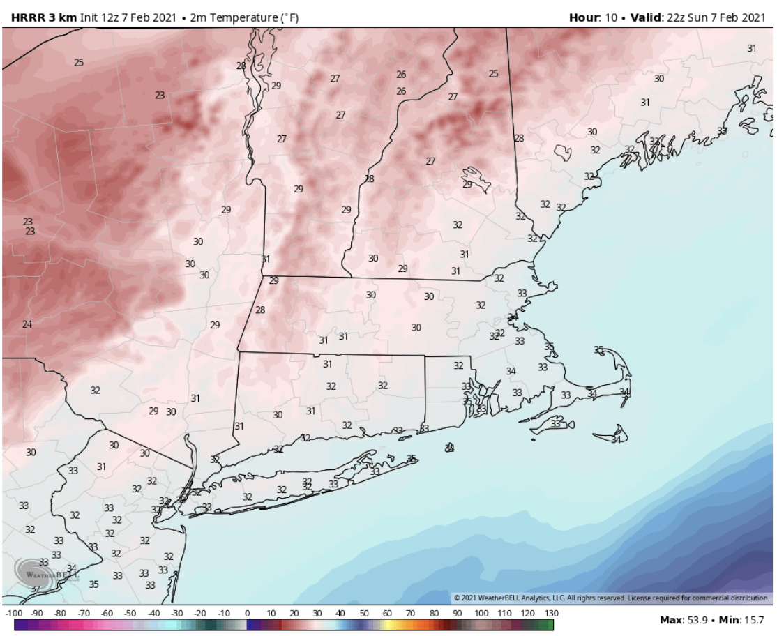 Temperature will remain under freezing west of Route 128 Sunday.