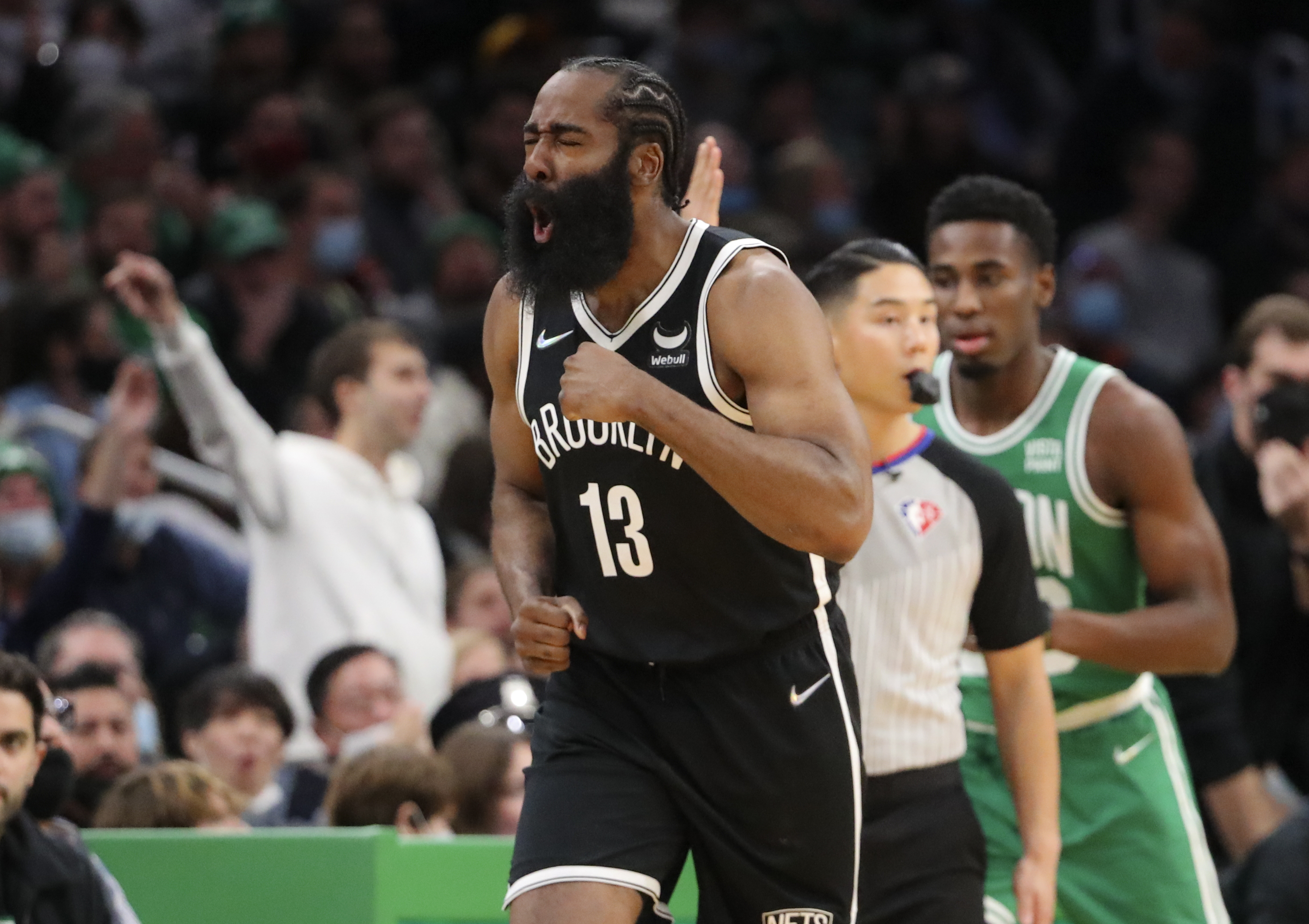 James Harden, seen here reacting after a three pointer in the second quarter, helped lead the Nets to a win over the Celtics Wednesday at TD Garden.