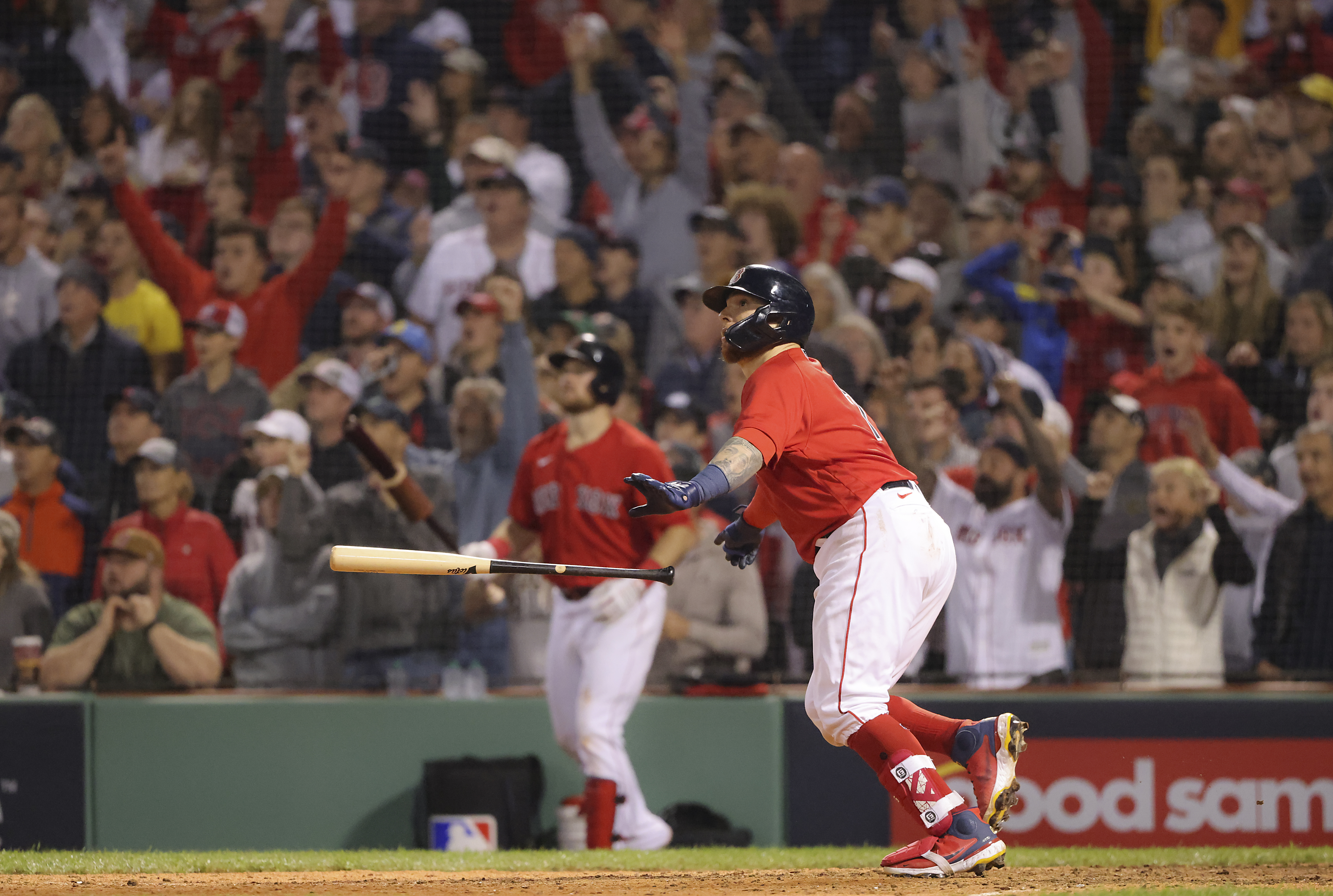 Christian Vázquez follows the flight of his homer that ended Game 3 against the Rays.