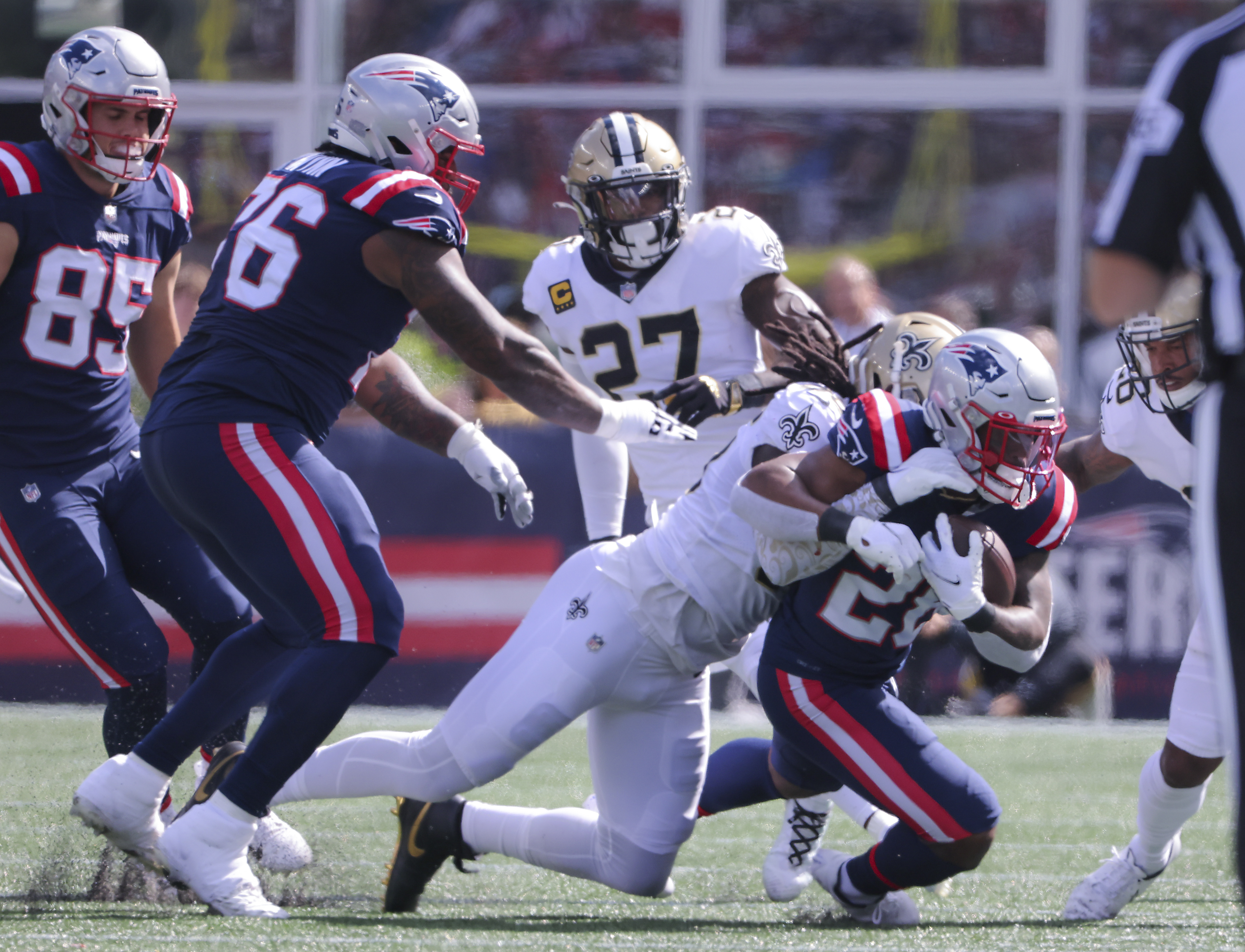 James White sustained his hip injury on this play in the second quarter of Sunday's loss to the Saints.