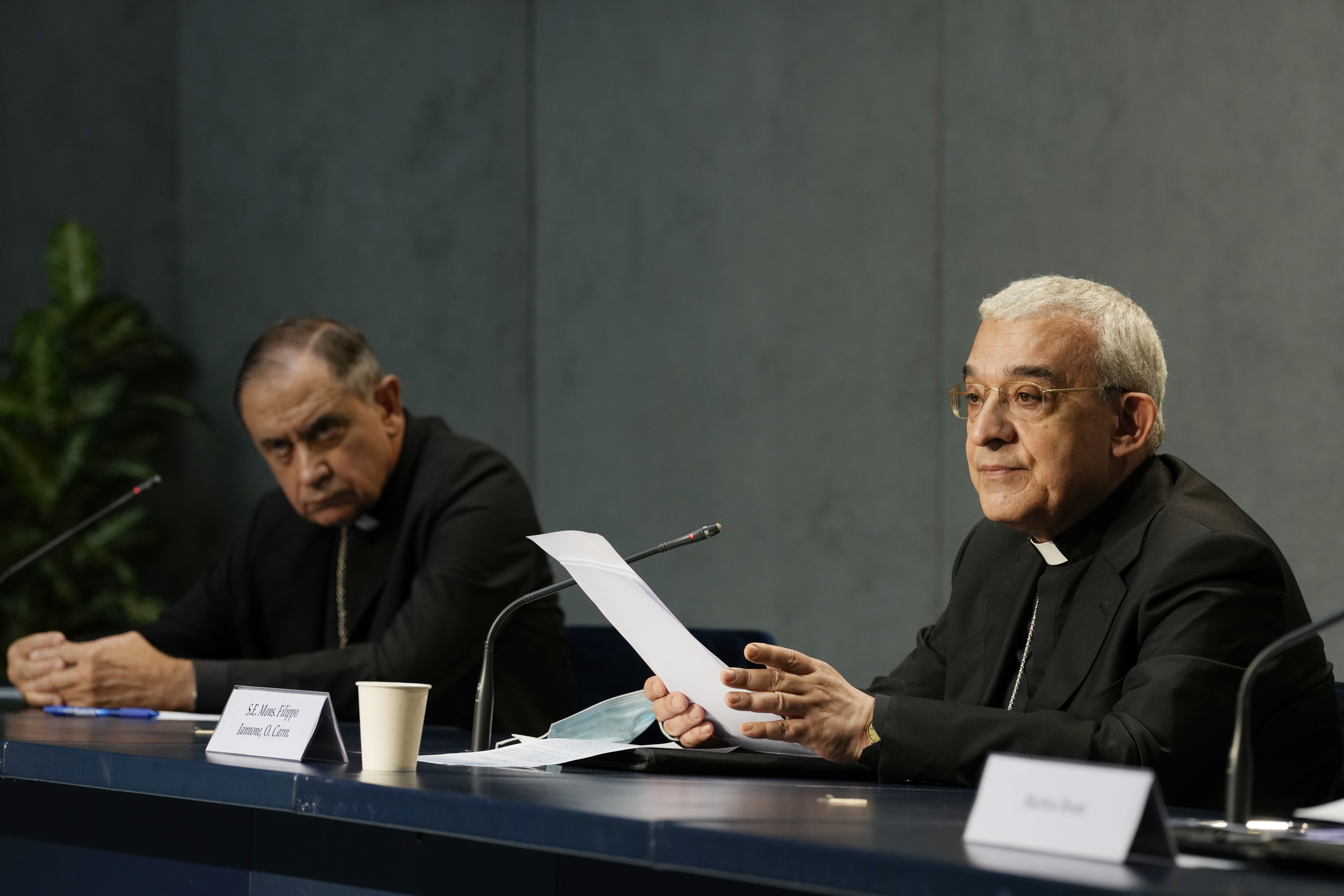 Mons. Filippo Iannone (right) and Mons. Juan Ignacio Arrieta Ochoa de Chinchetru held a press conference to illustrate changes in the Church's Canon law, at the Vatican on Tuesday.