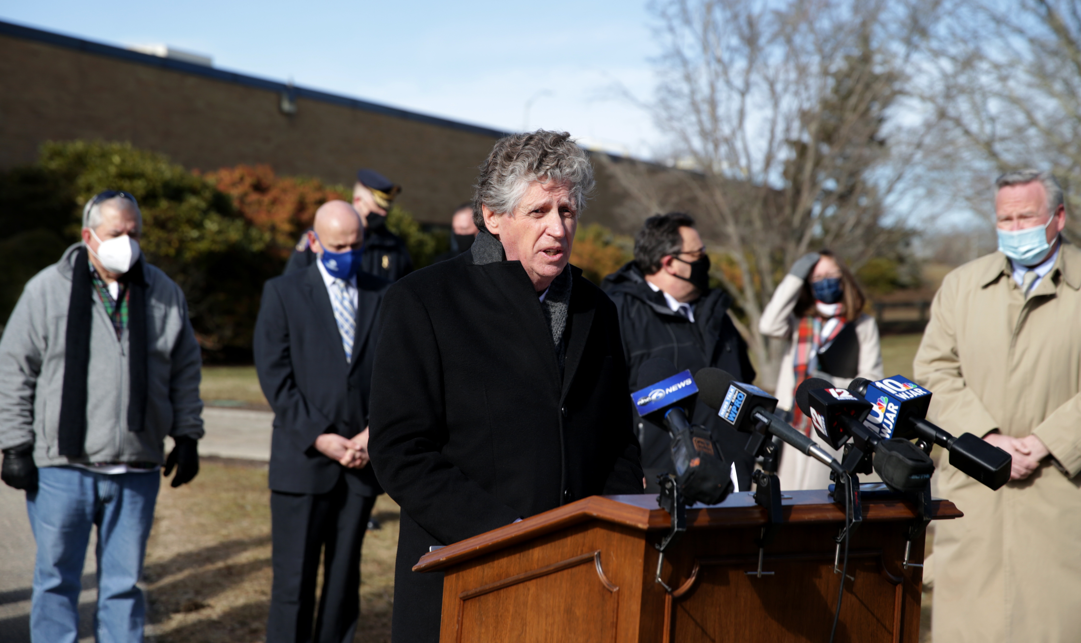 Rhode Island Lt. Governor Daniel J. McKee attended a press conference hosted by Raytheon Missiles & Defense, Portsmouth Emergency Management Agency, and other partners to mark the opening of a community COVID-19 vaccine clinic at Raytheon for Portsmouth's 75 and older population.