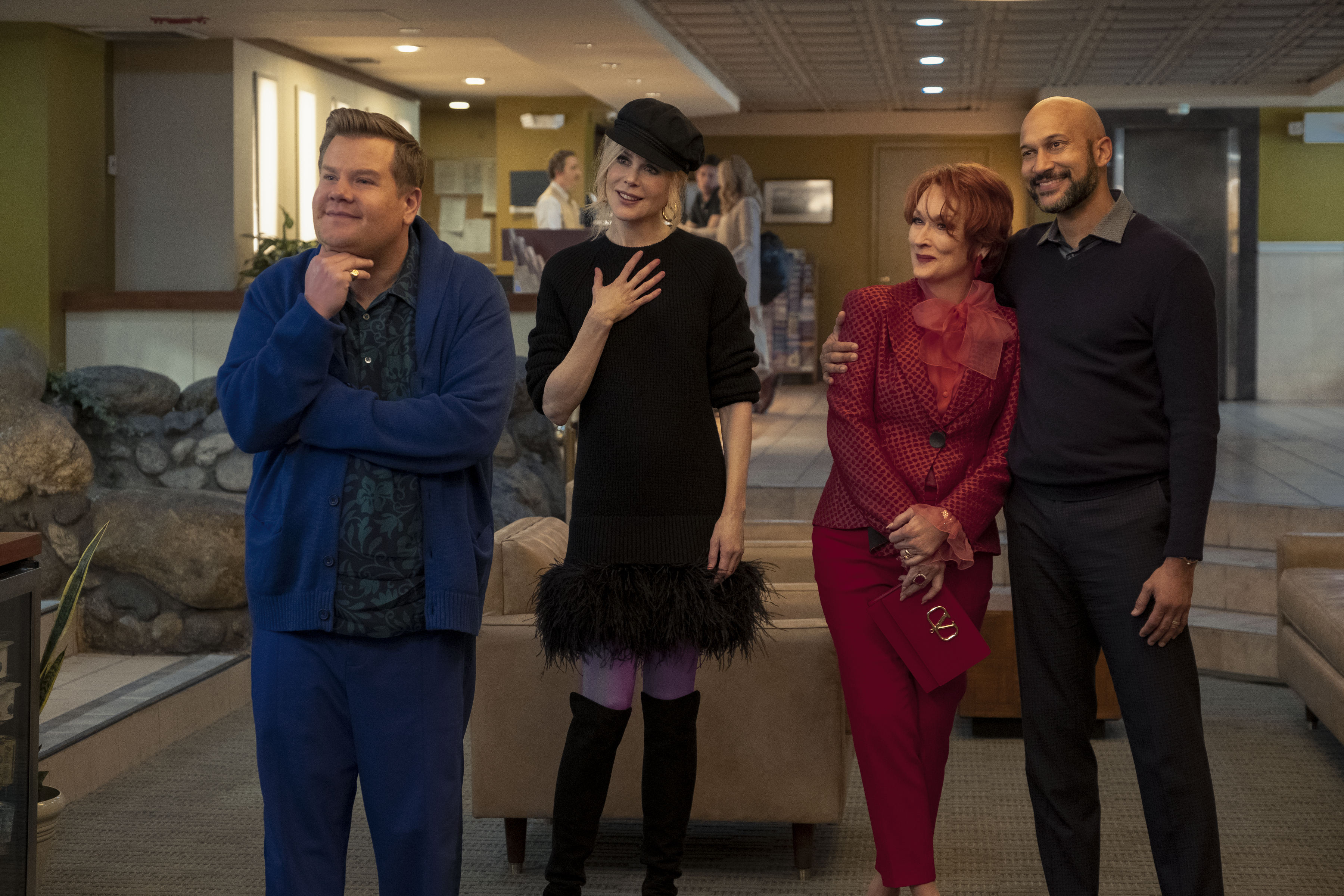 From left: James Corden, Nicole Kidman, Meryl Streep, and Keegan-Michael Key in "The Prom."