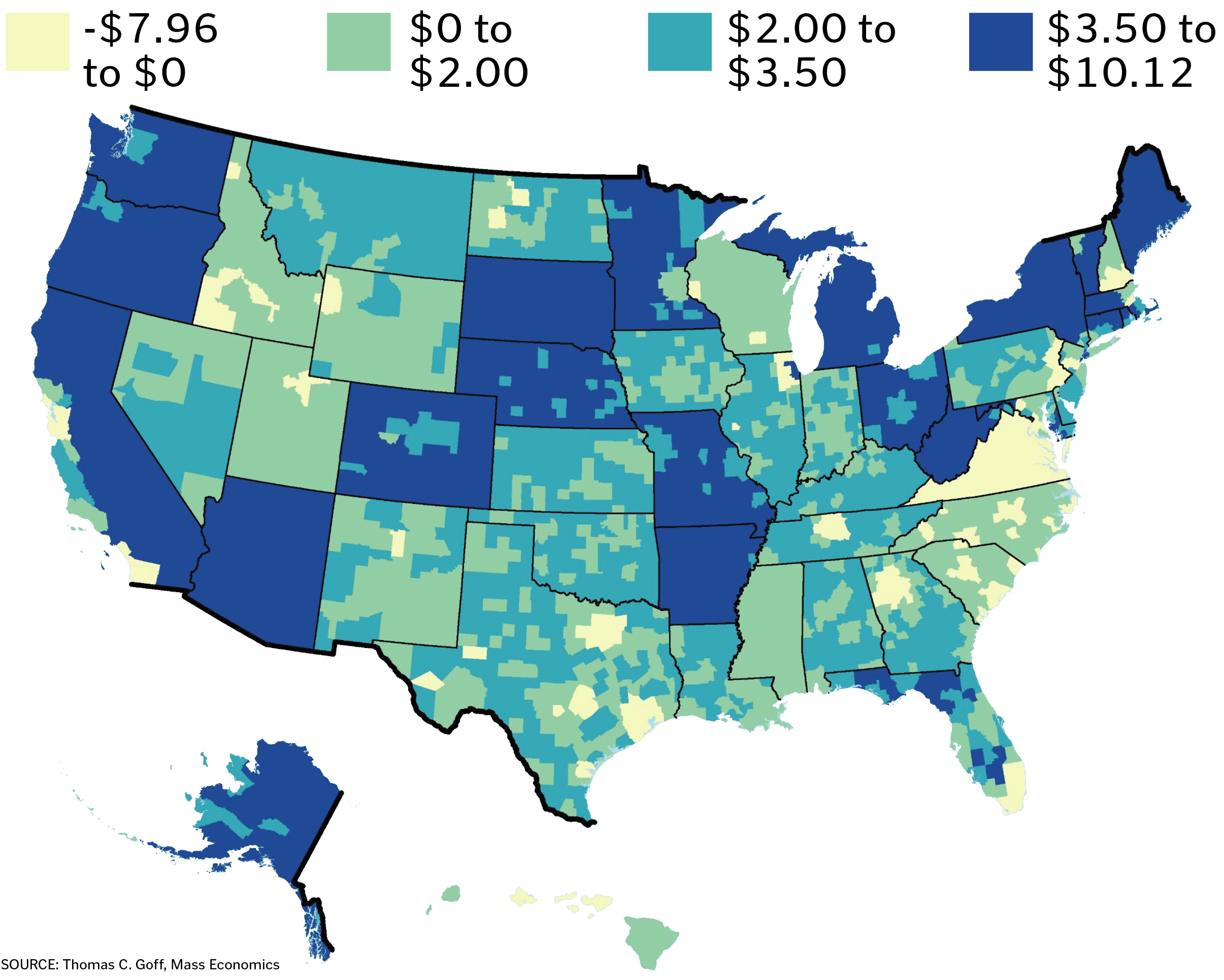 Living wage gap (as an hourly rate)
At minimum wage, minimum unemployment benefits, and pandemic unemployment assistance.
