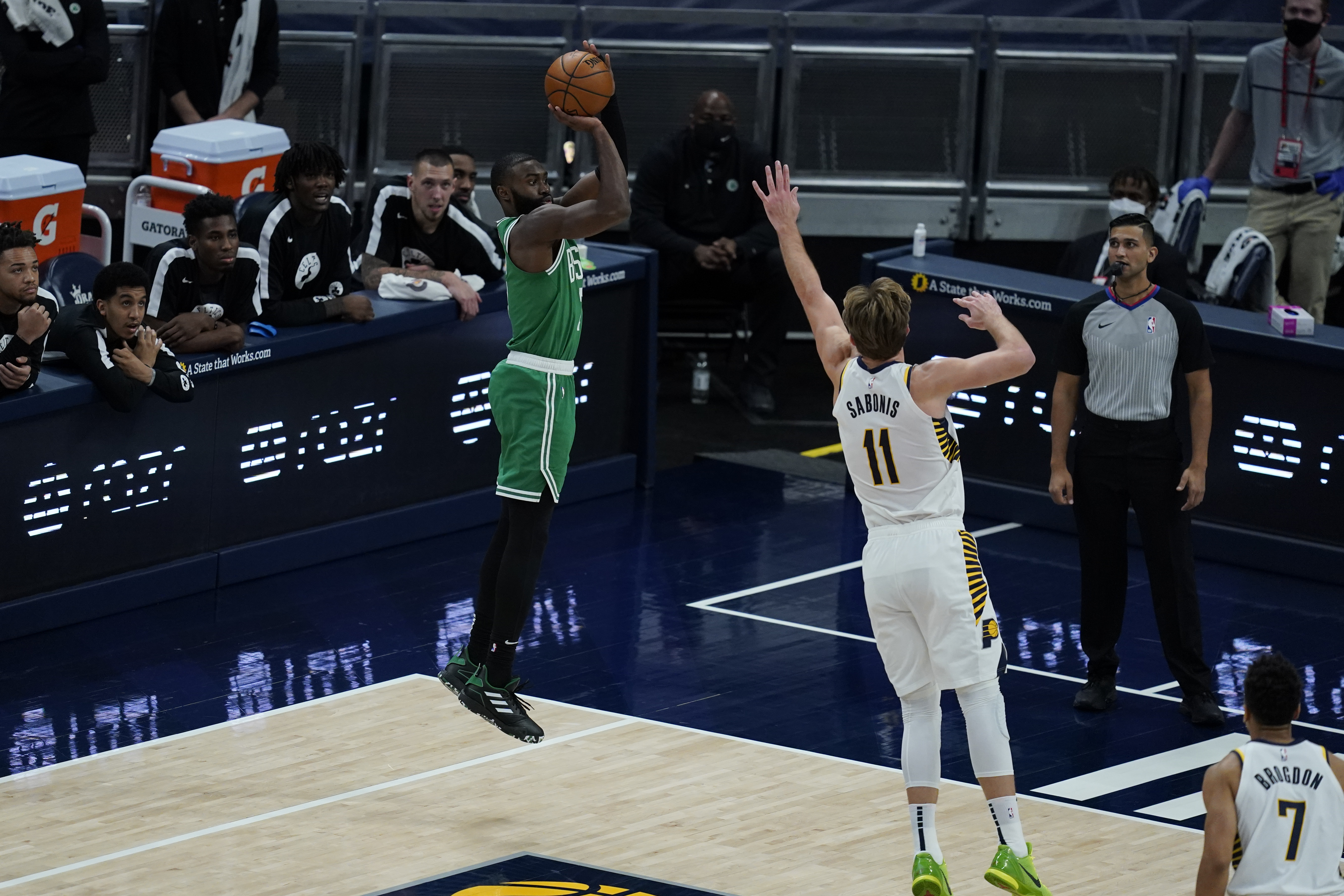Jaylen Brown shoots over Indiana's Domantas Sabonis during the second half of Tuesday's game.