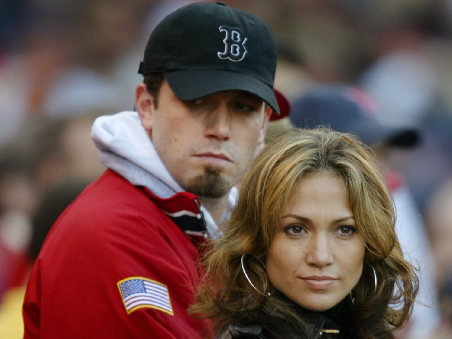 Ben Affleck and Jennifer Lopez at Fenway Park for Game 3 of the American League Championship Series.