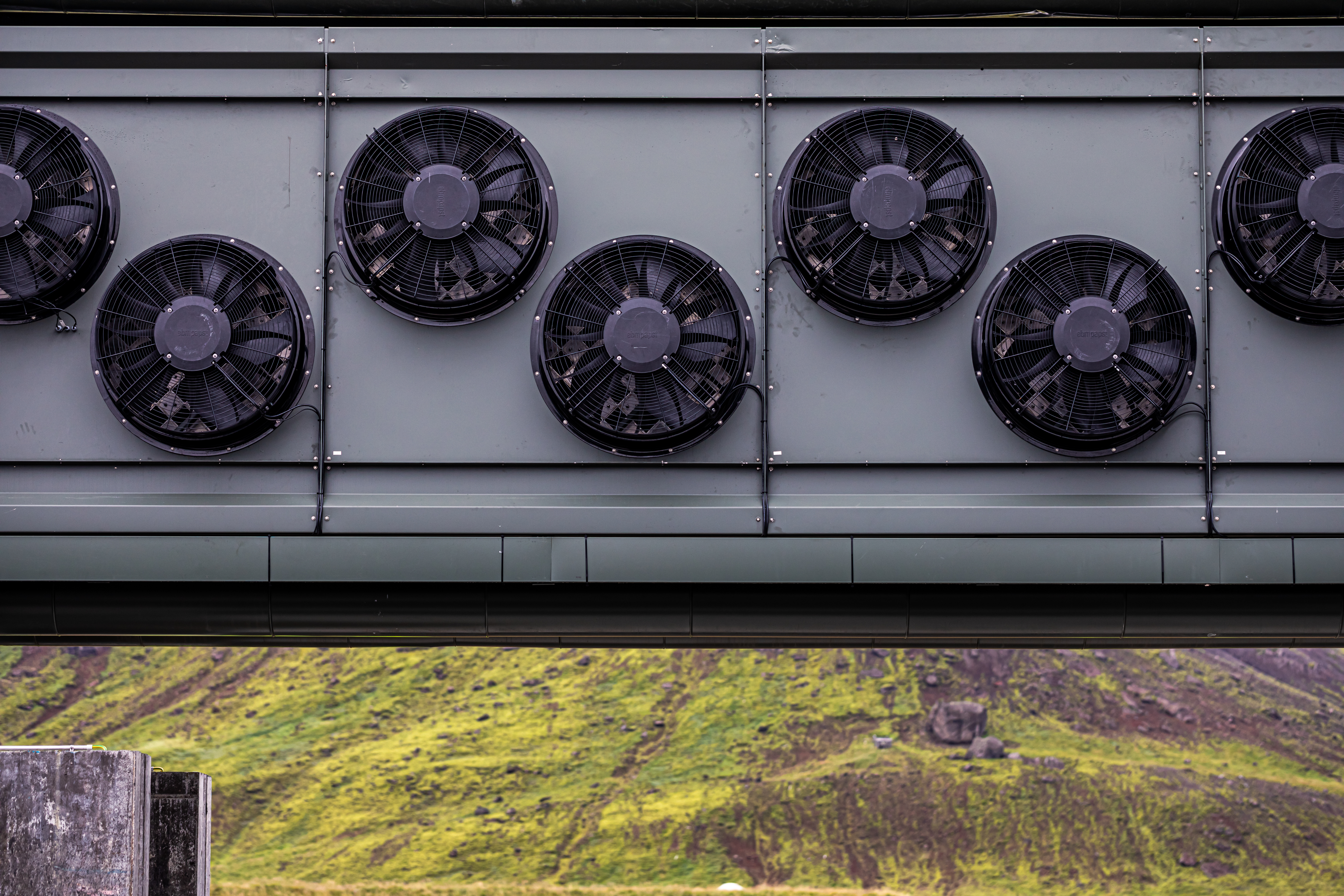The Orca Plant's carbon-capture fans, which resemble snow cannons. Rather than force air out, however, the fans draw in air and filter it using a special process that traps CO2.