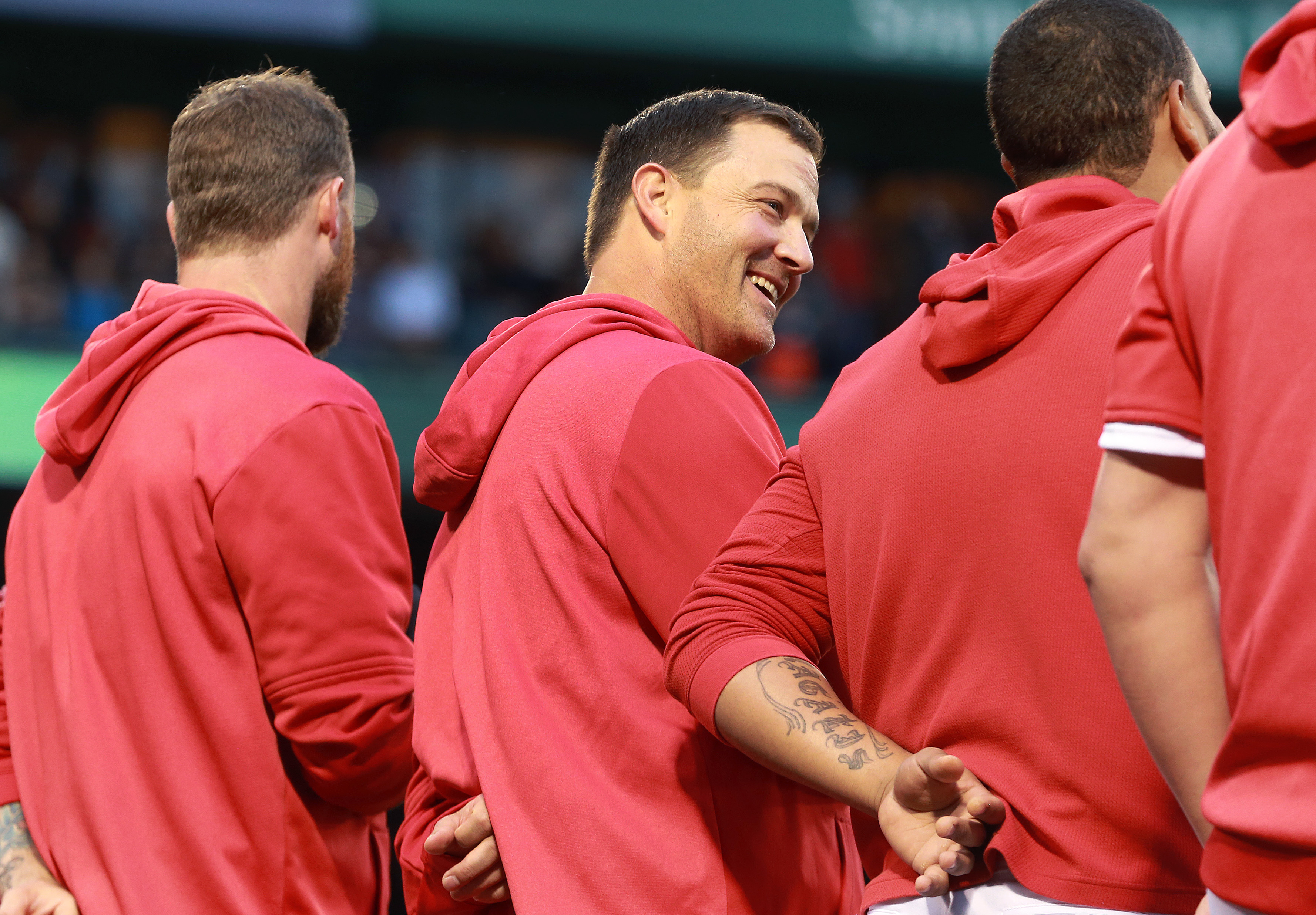 Steven Wright has a laugh with teammates before a 2019 game at Fenway.