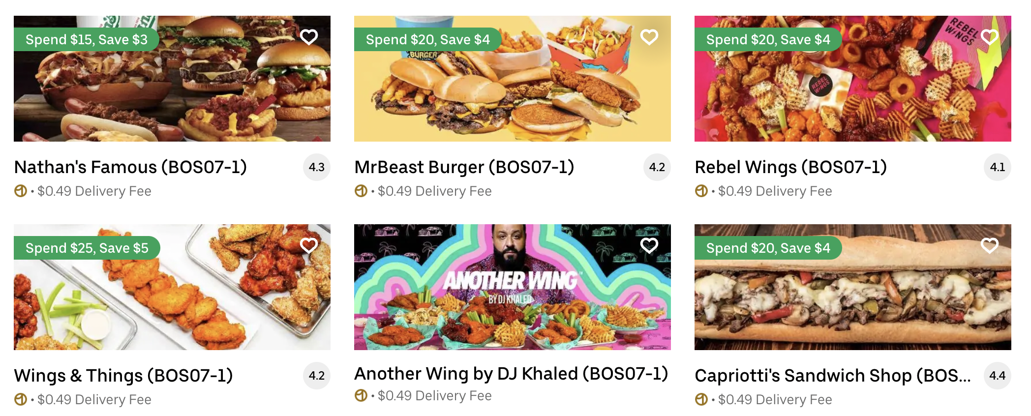 These six restaurants, including Rebel Wings and Capriotti's Sandwich Shop, appeared on Uber Eats with the code "BOS07-1." It's a sign that the food will come from Reef's ghost kitchen in Everett.