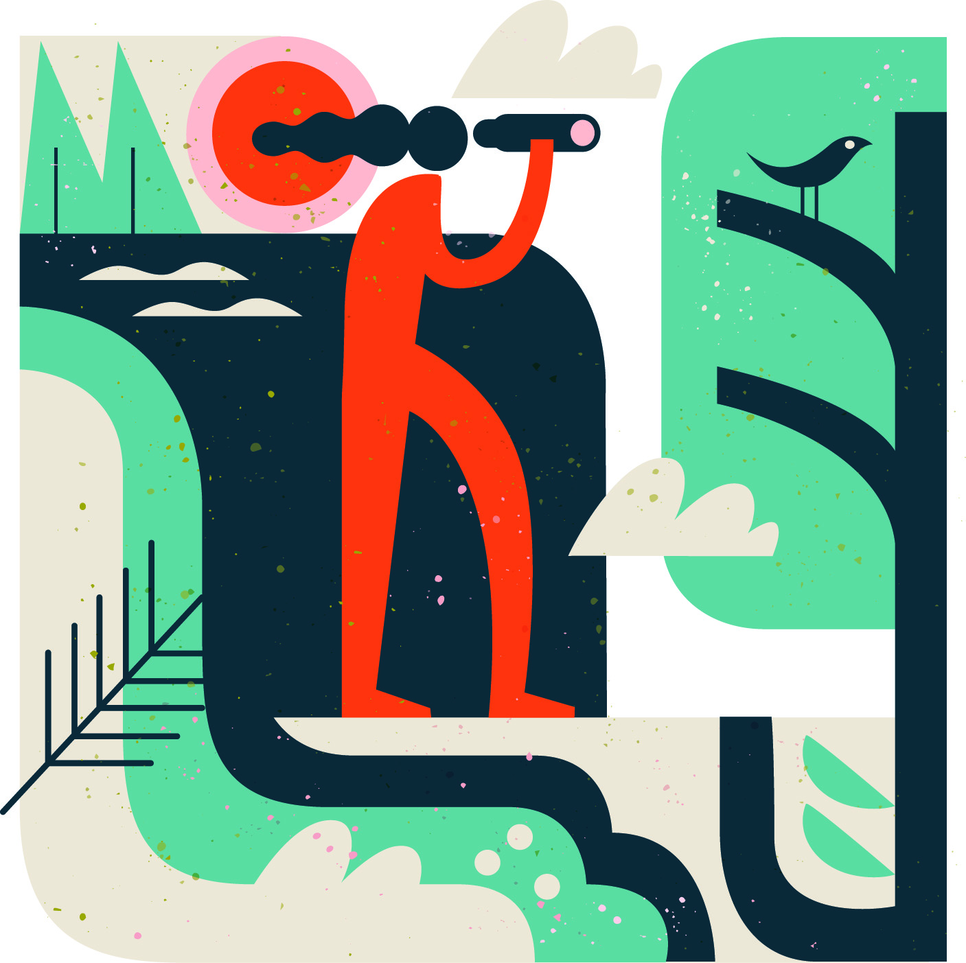 Spot illustration for nature travel. Image of person looking at birds through binoculars.