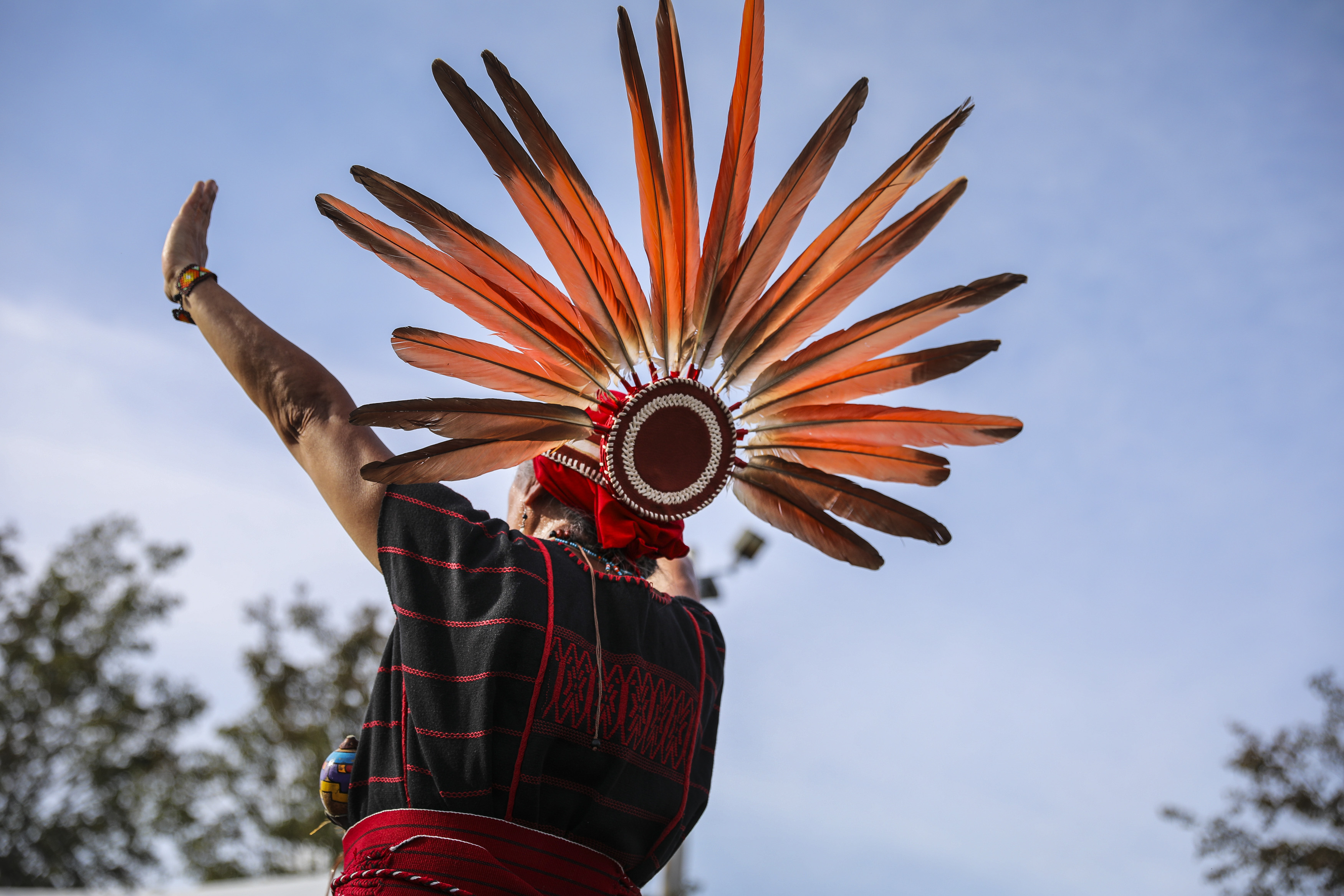 Veronica Raya danced in a ceremonial performance with the group Cetiliztli Nauhcampa at the Indigenous Peoples Day Ceremonial Celebration in Newton.