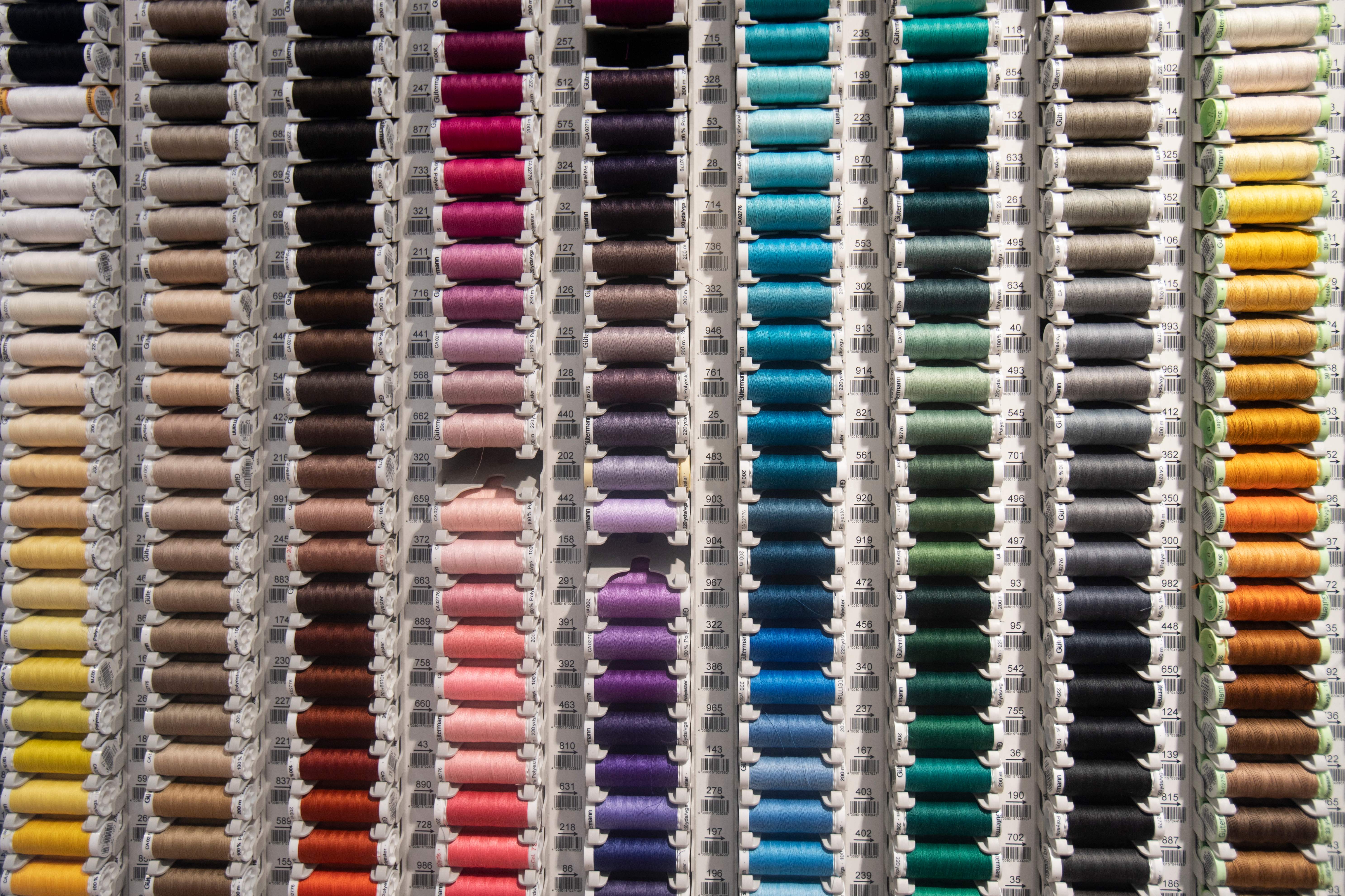 Sewing threads in different colors for the production of Austria's iconic dirndl dresses in Bad Ischl, Upper Austria.