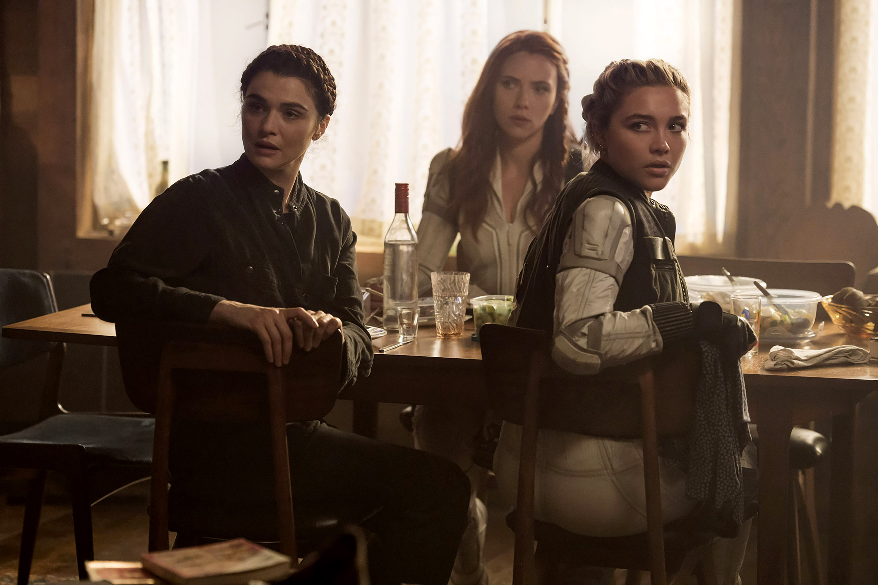 From left: Rachel Weisz, Scarlett Johansson, and Florence Pugh in "Black Widow."