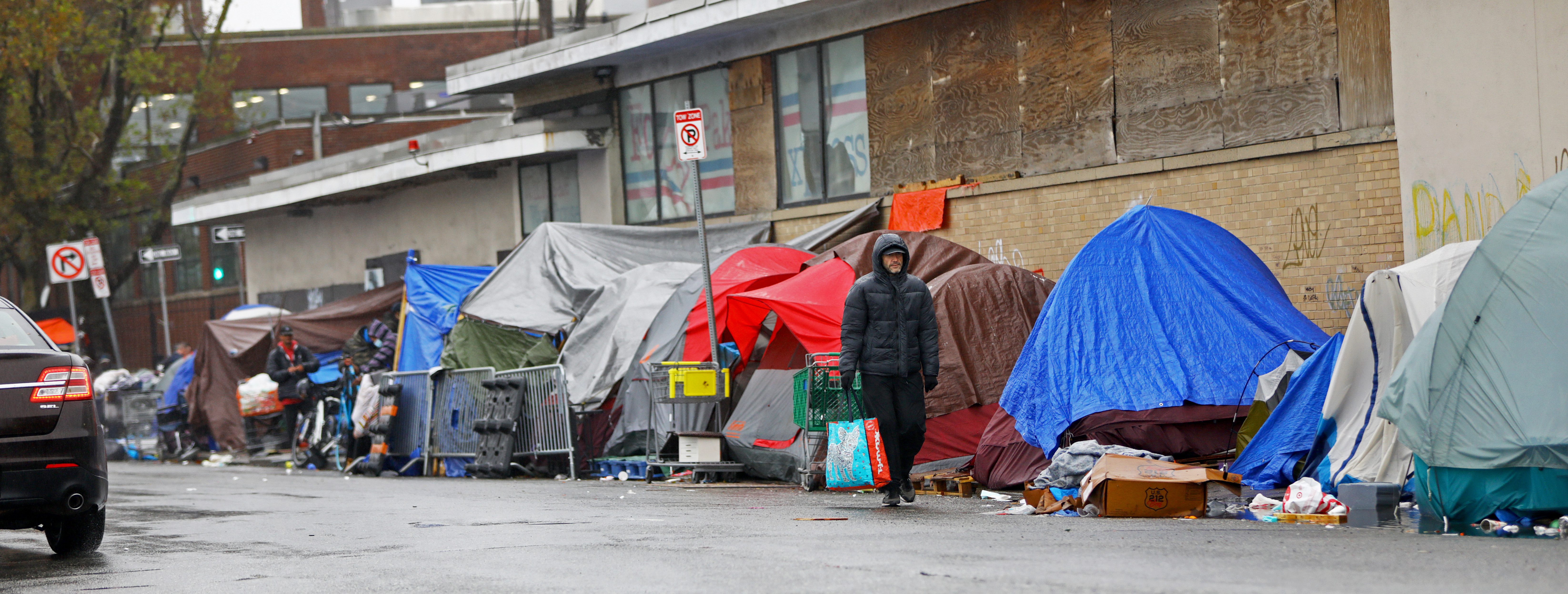 The Mass. and Cass encampment Wednesday, after a nor’easter blew through Boston.
