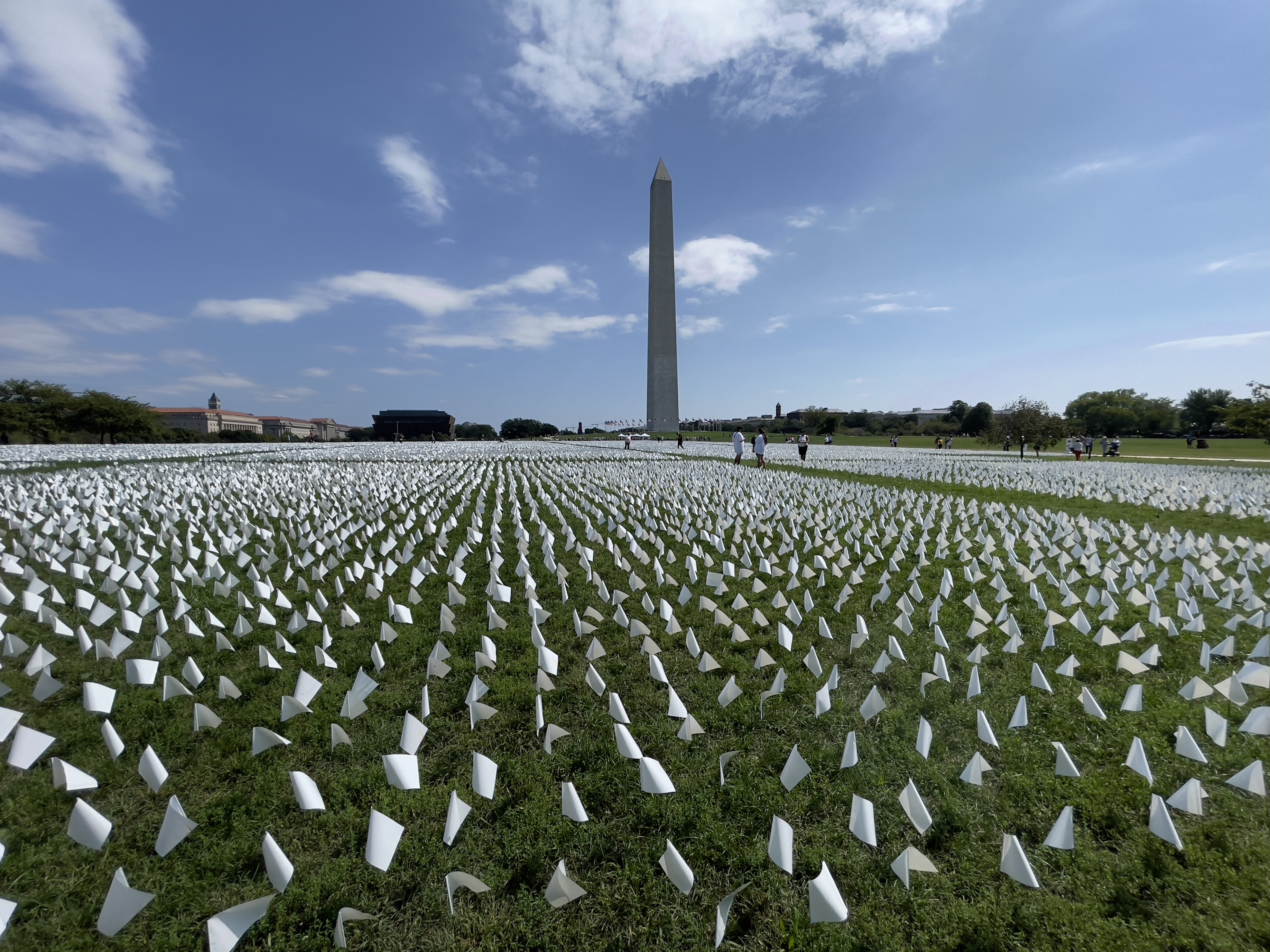 Over 600,000 white flags on the National Mall near the Washington Monument in Washington, DC, symbolize American lives lost to COVID-19.
